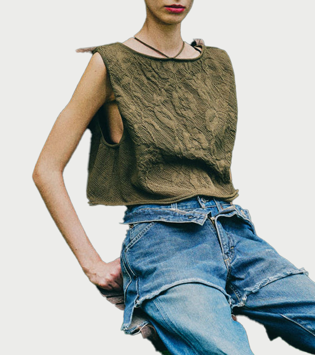 A MENDA フラワーレース ニットベスト , Khaki