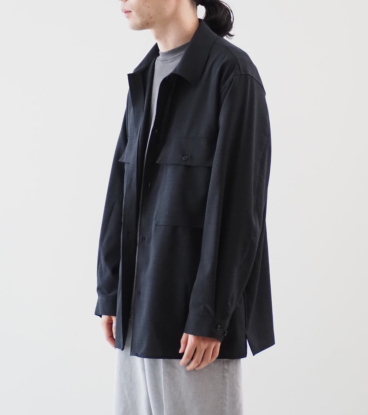 Blurhms Washed Wool Voile Military Shirt , Heather Black