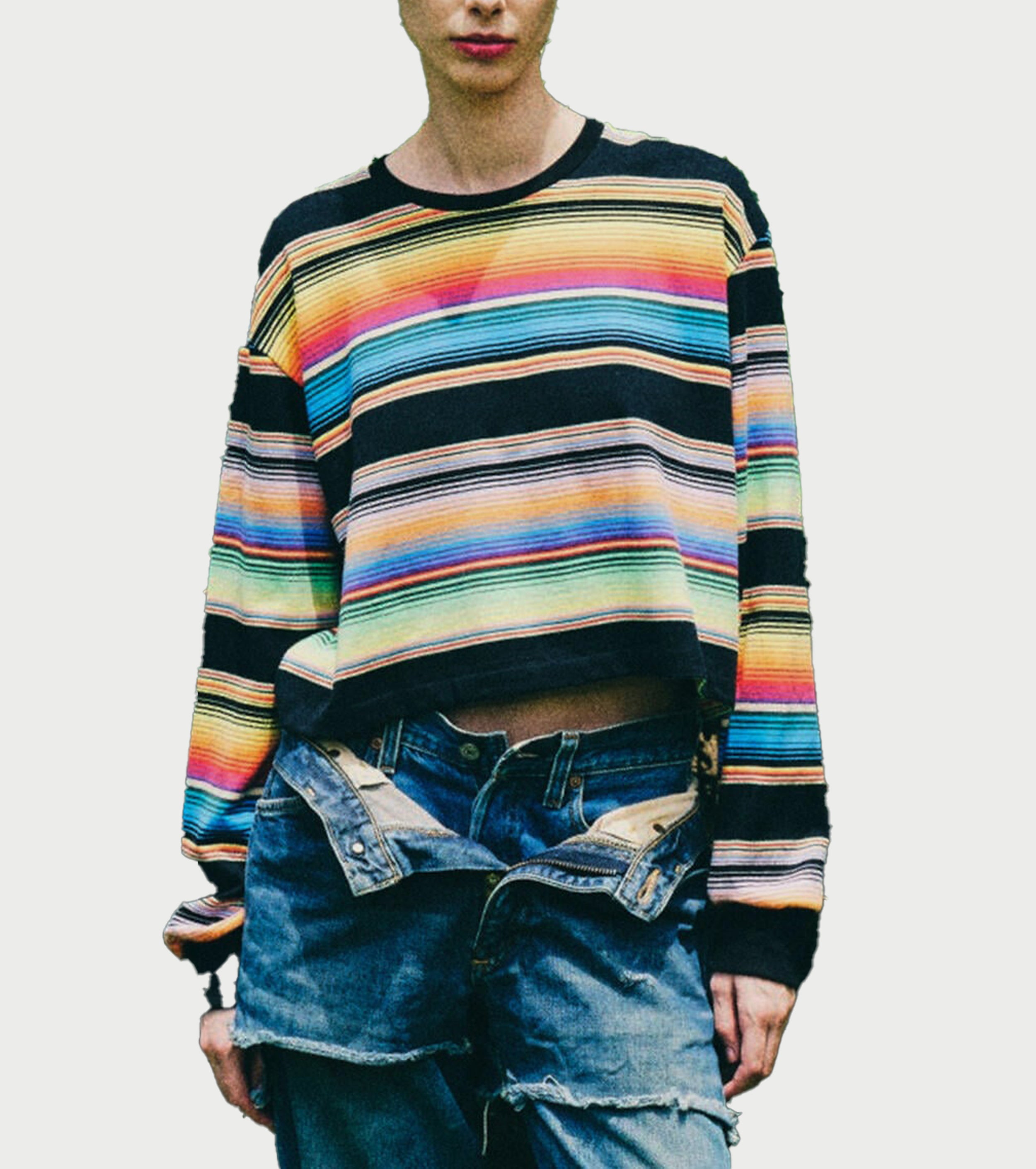 A MENDA メキシカンストライプ 長袖カットソー , Black Mulch