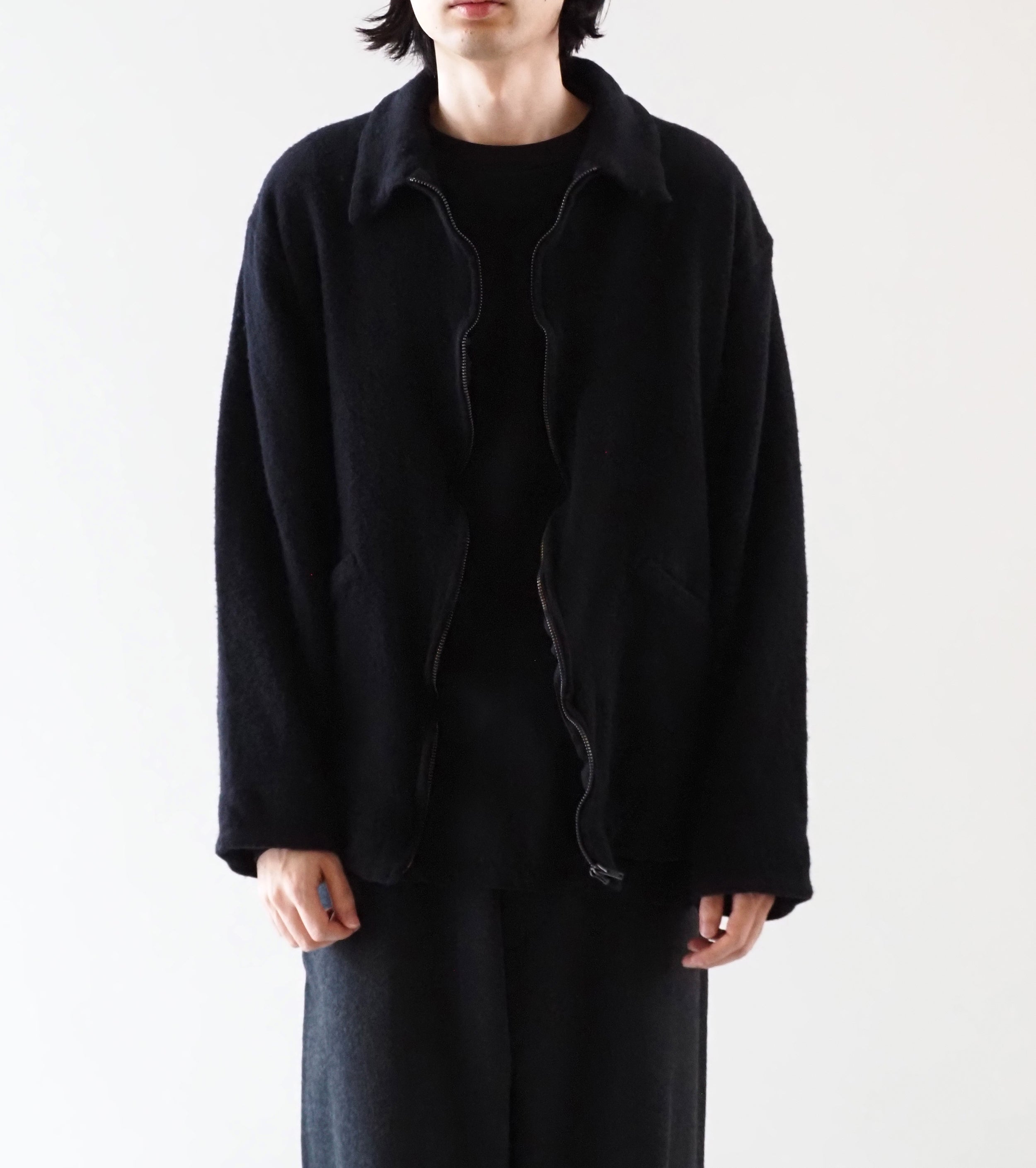 COMOLI 縮絨ウール ジップ ショート ジャケット , Black