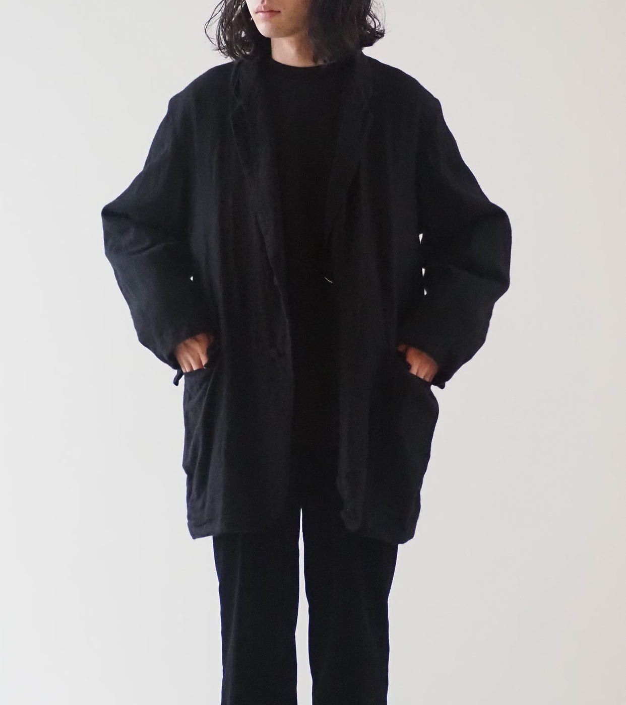 COMOLI カシミヤ シルク フロックコート , Black