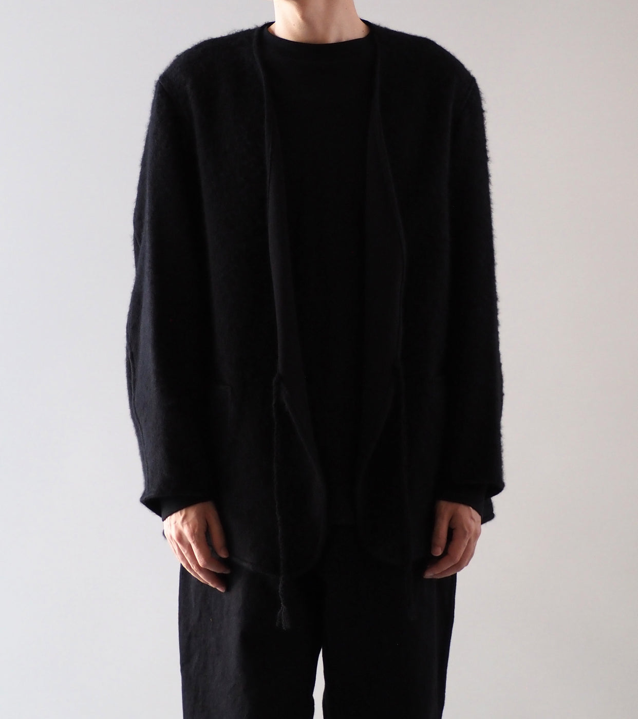 COMOLI シャギー ノーカラー ジャケット , Black