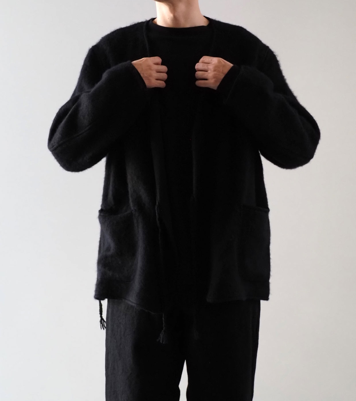 COMOLI シャギー ノーカラー ジャケット , Black