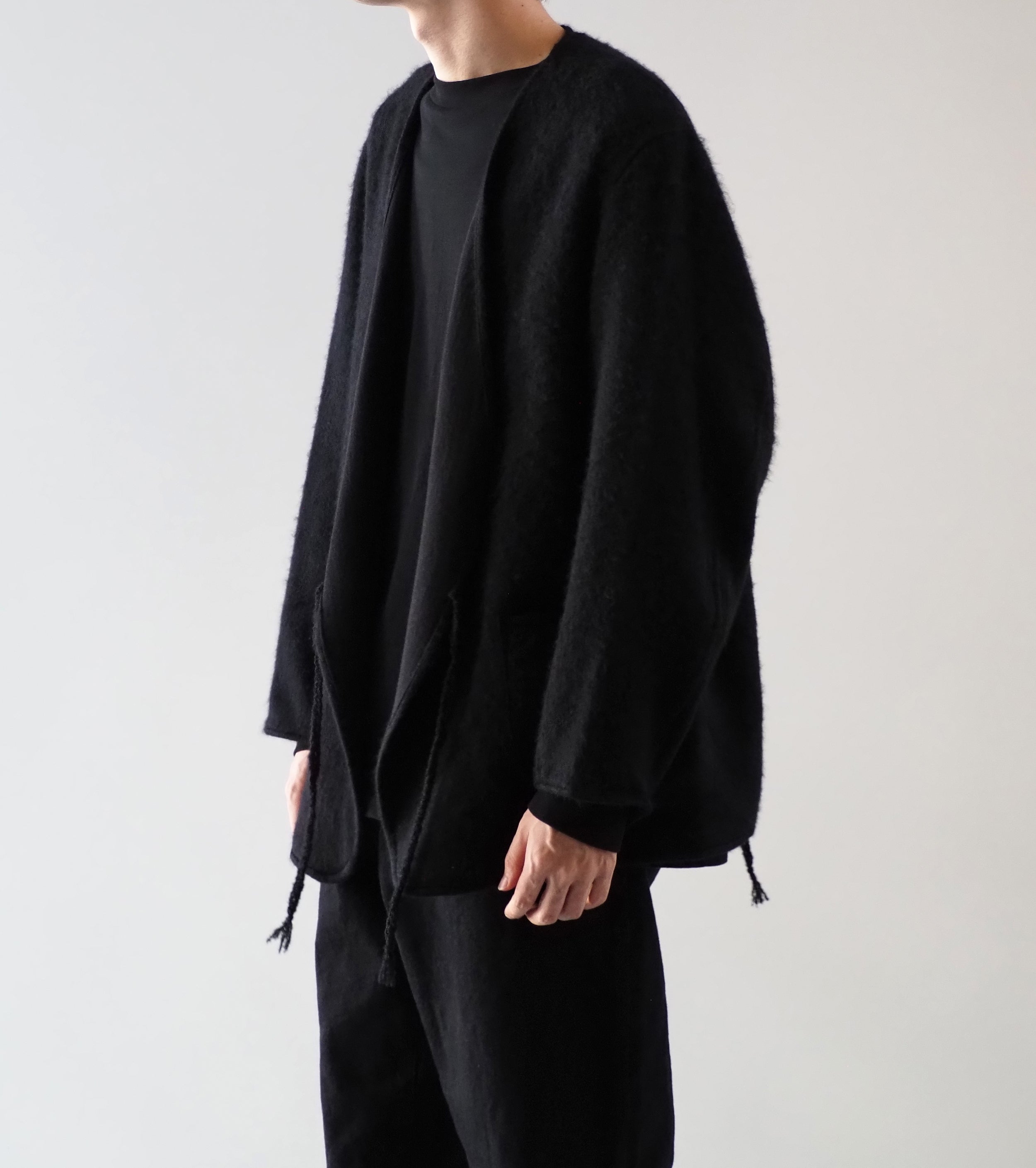 COMOLI シャギー ノーカラー ジャケット , Black