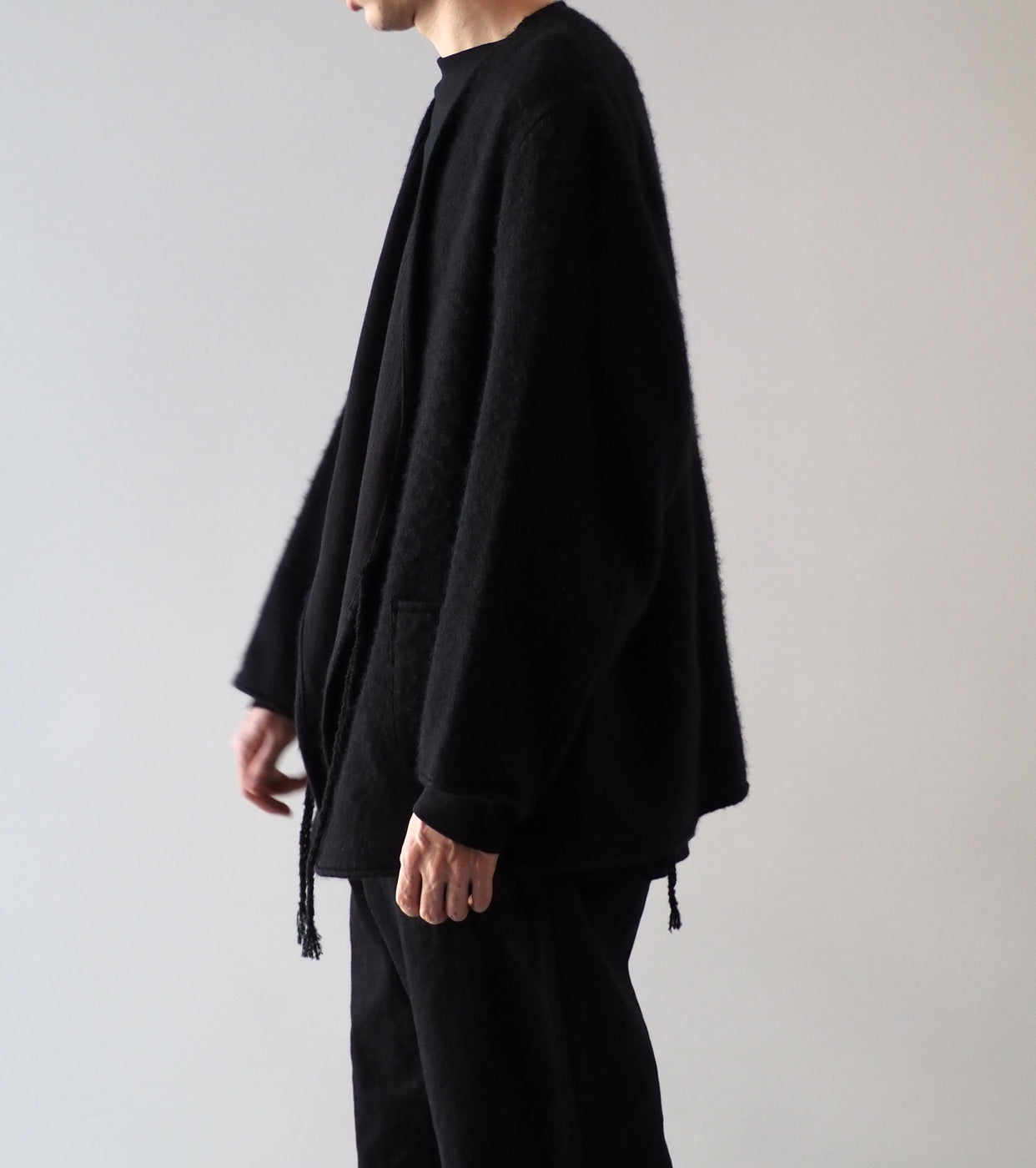 COMOLI シャギー ノーカラー ジャケット , Black