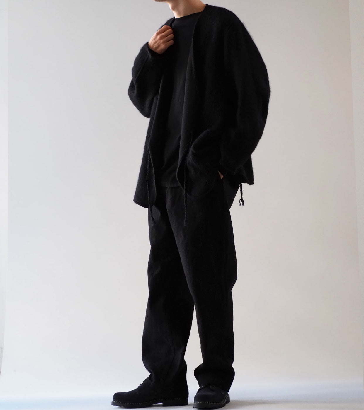 COMOLI シャギー ノーカラー ジャケット , Black