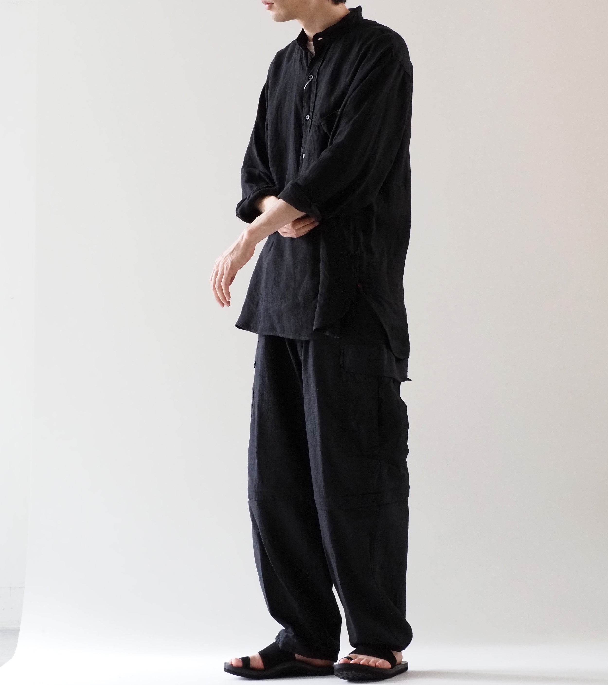 COMOLI リネン ダブルクロス プルオーバーシャツ, Black