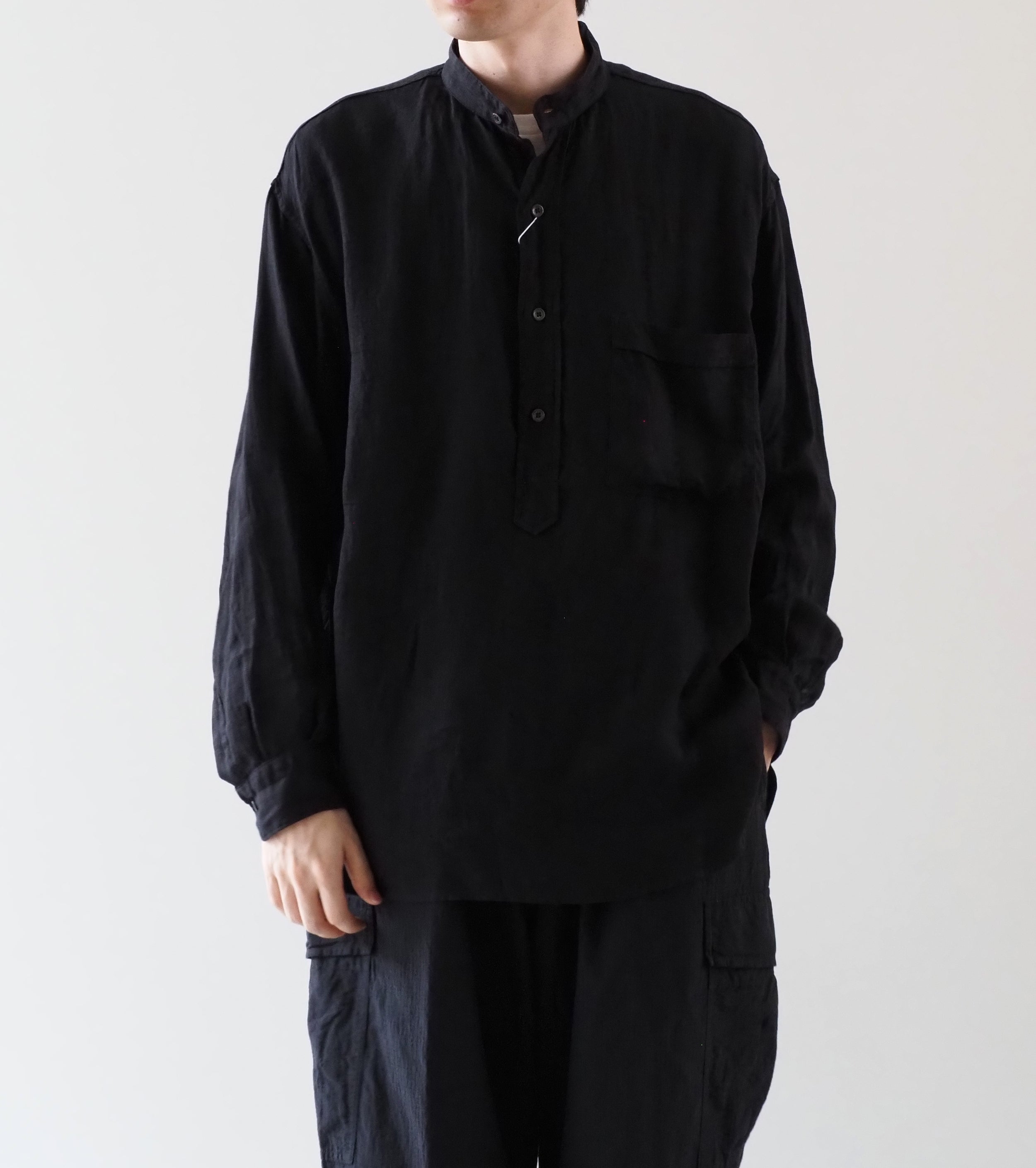 COMOLI リネン ダブルクロス プルオーバーシャツ, Black