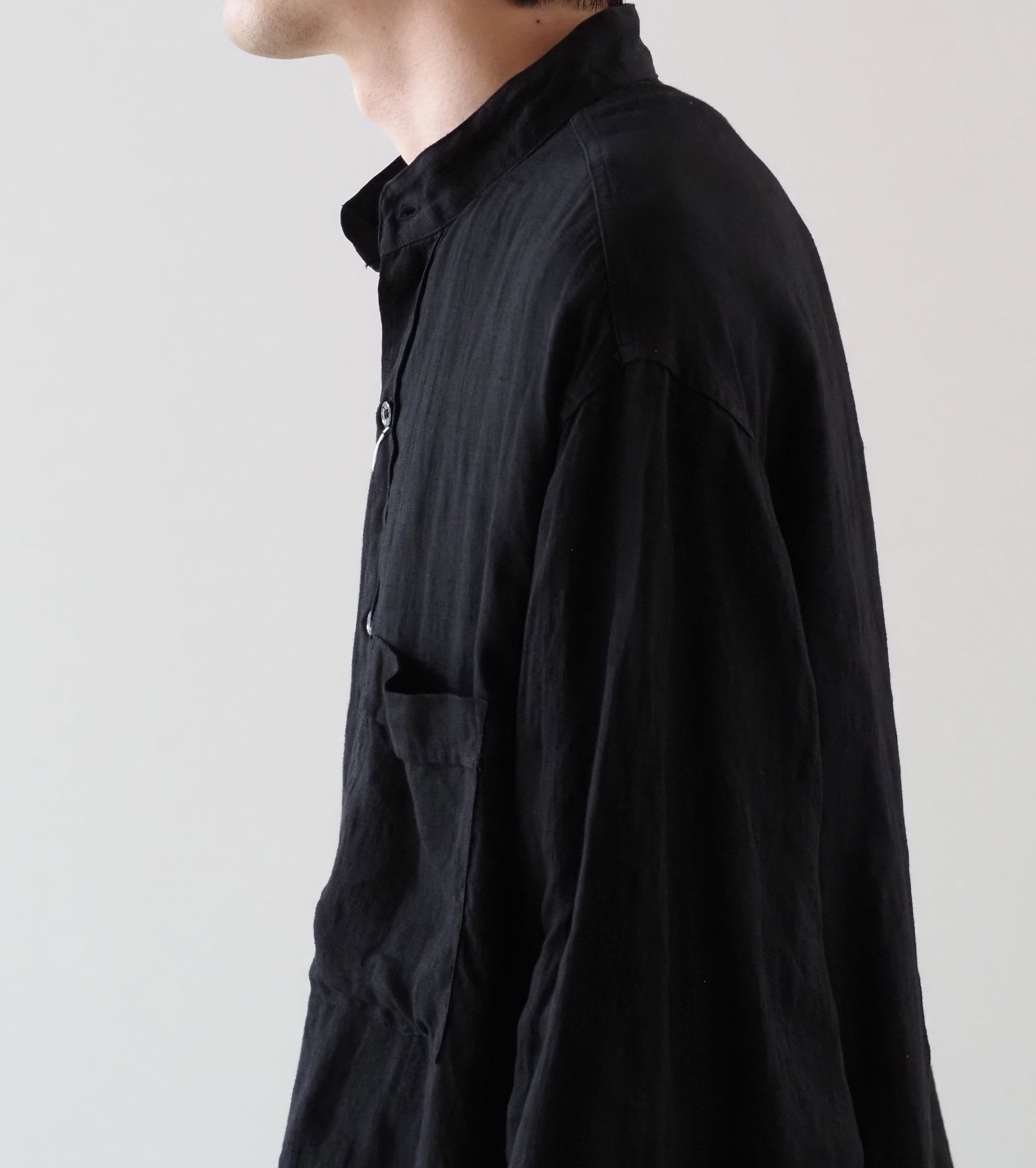 COMOLI リネン ダブルクロス プルオーバーシャツ, Black