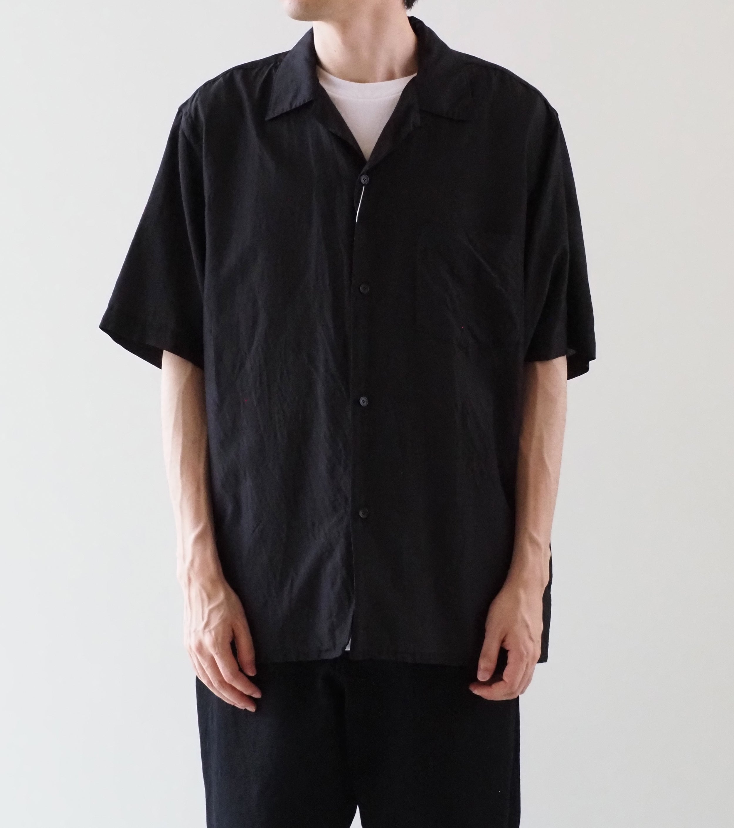 COMOLI Wool Silk Short Sleeve Open Collar Shirt, Brown