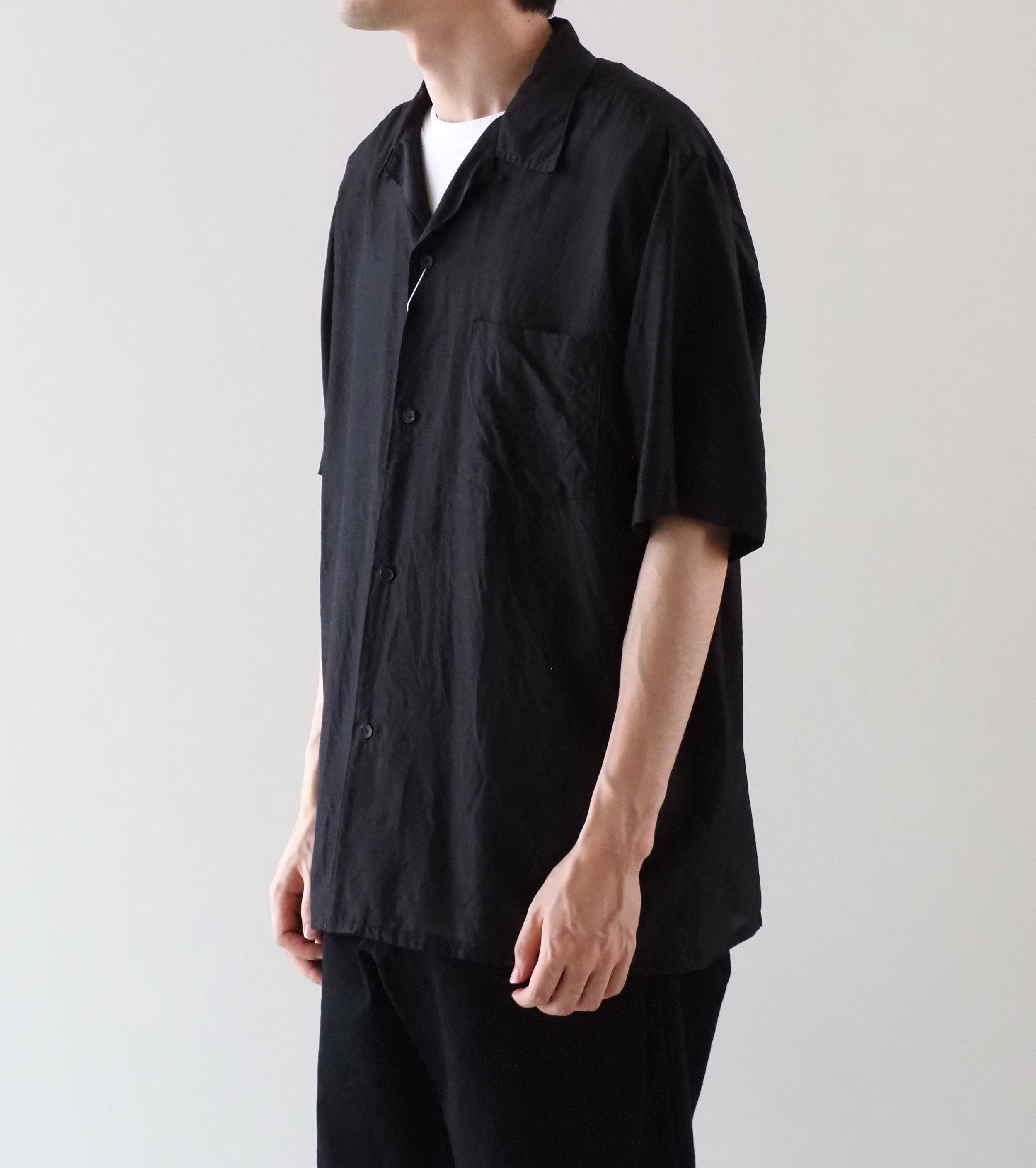 COMOLI Wool Silk Short Sleeve Open Collar Shirt, Brown
