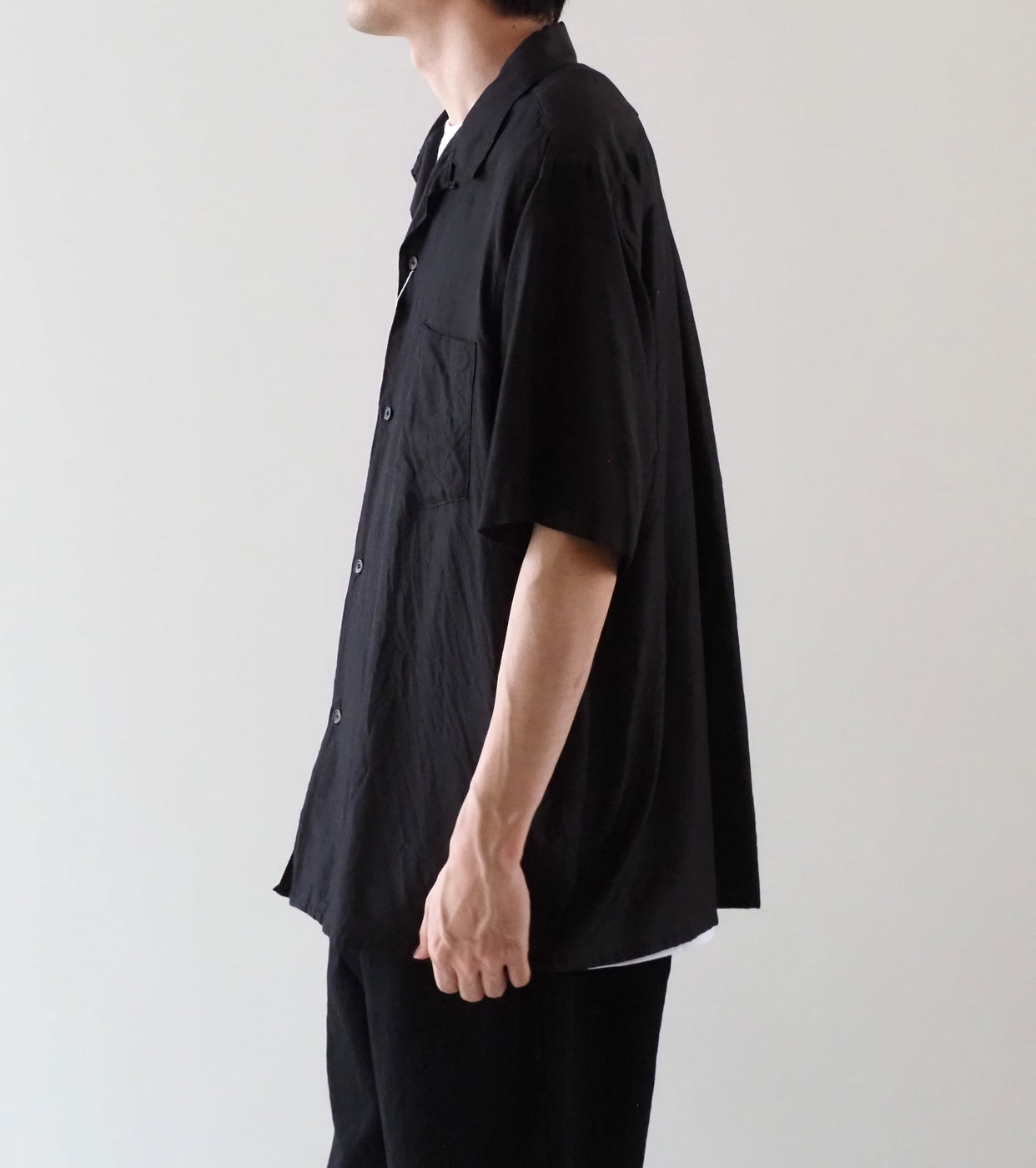 COMOLI Wool Silk Short Sleeve Open Collar Shirt, Brown
