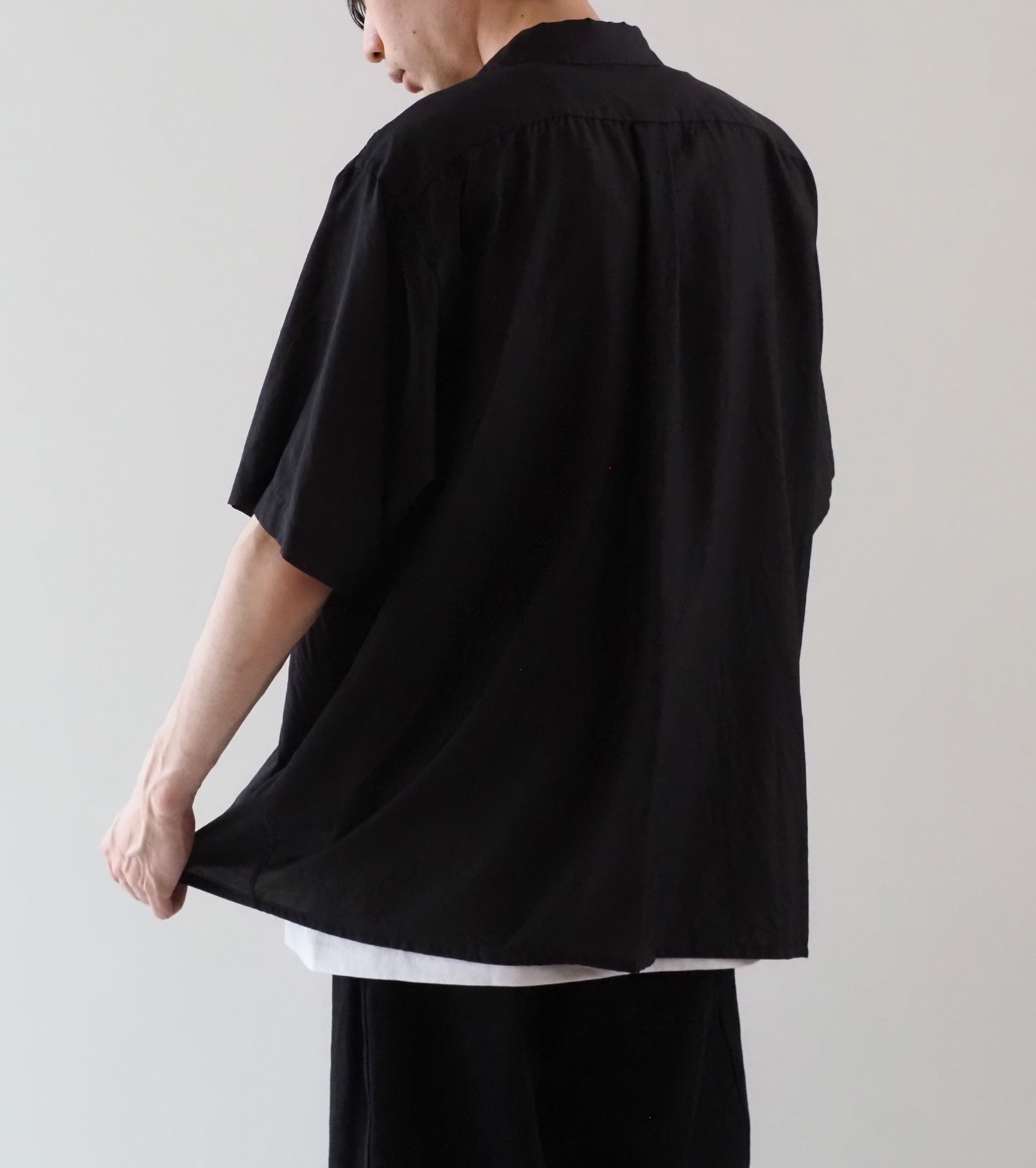 COMOLI Wool Silk Short Sleeve Open Collar Shirt, Brown