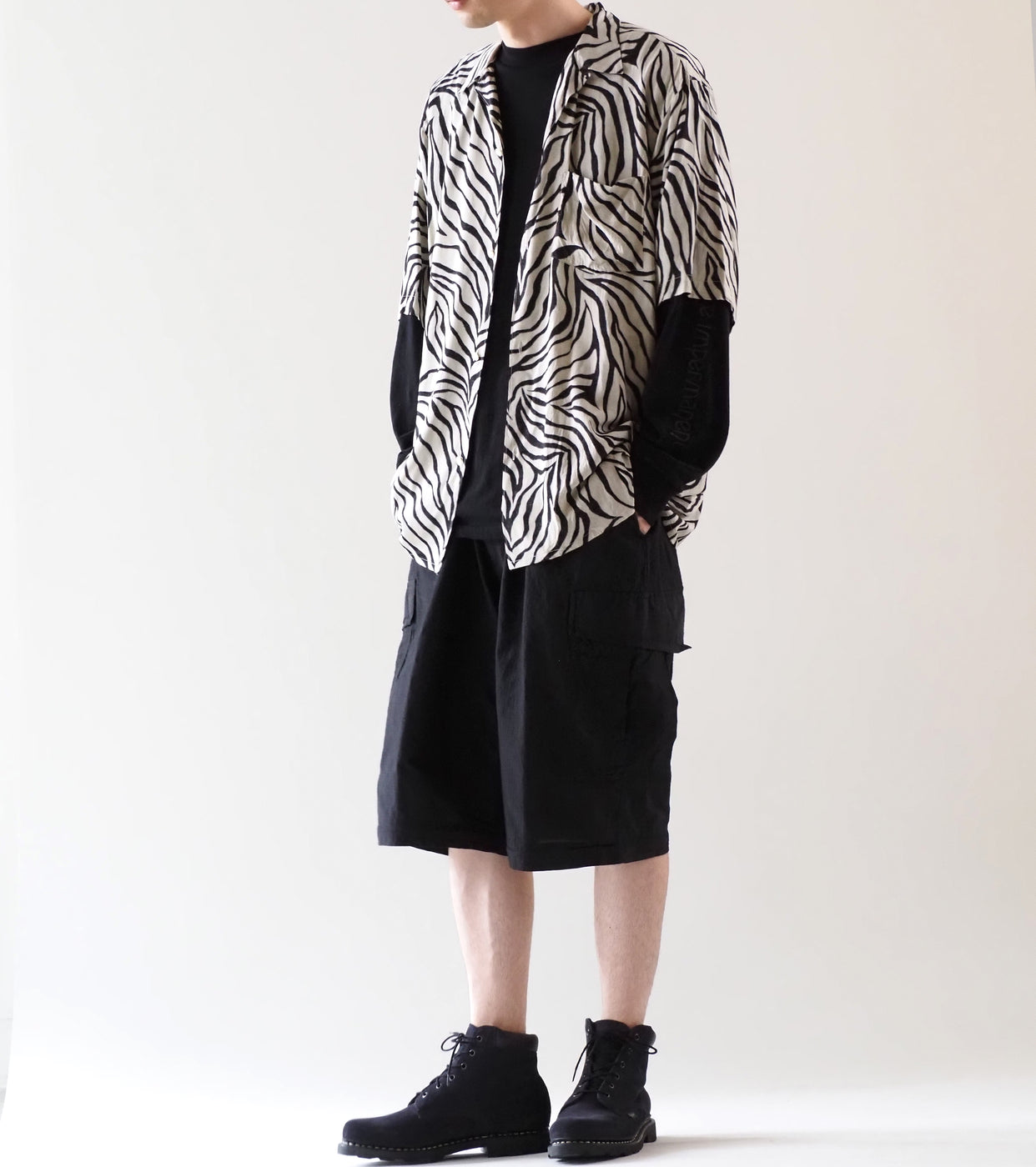 COMOLI ZEBRA Short Sleeve Open Collar Shirt, Zebra