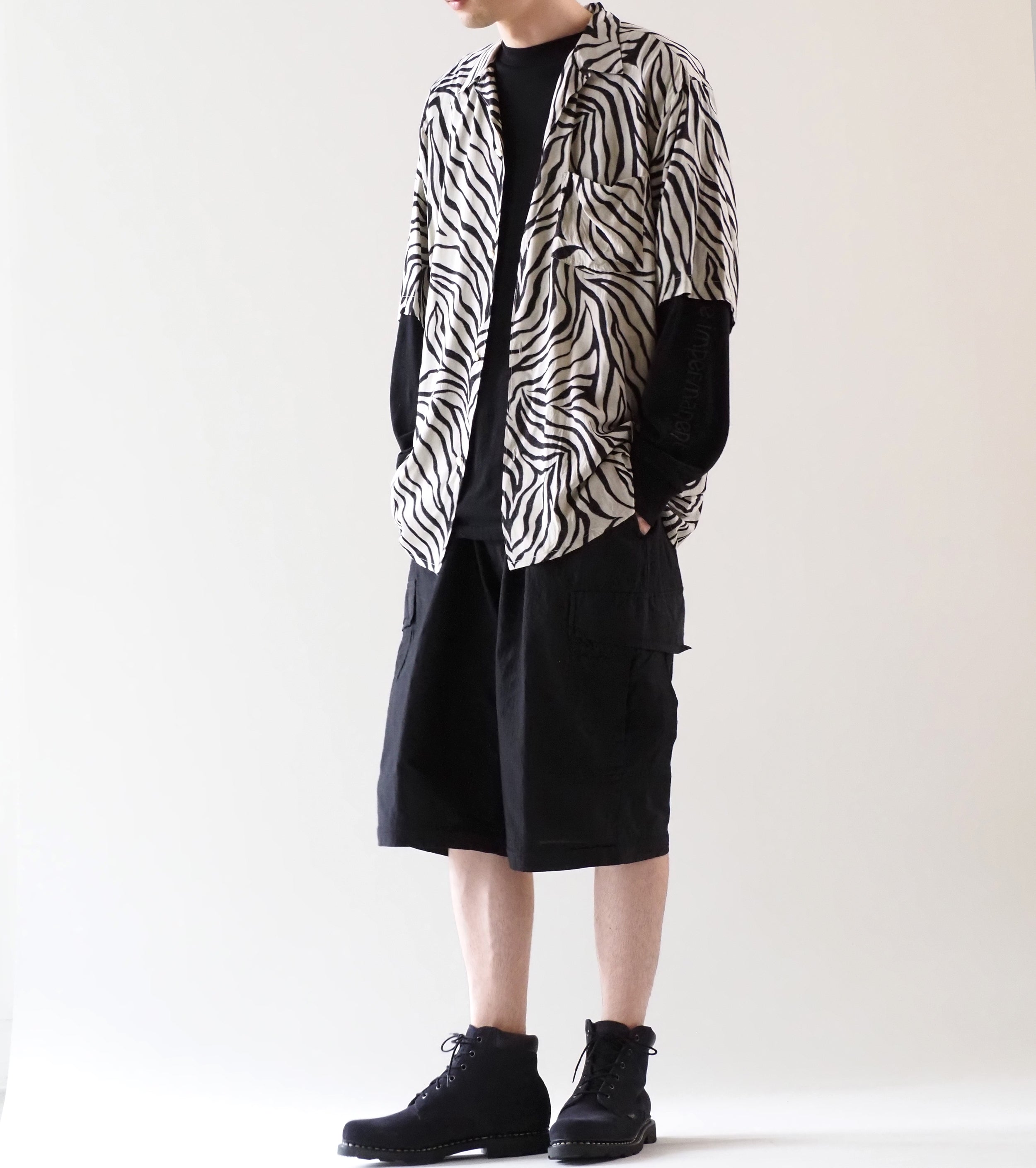 COMOLI ZEBRA Short Sleeve Open Collar Shirt, Zebra