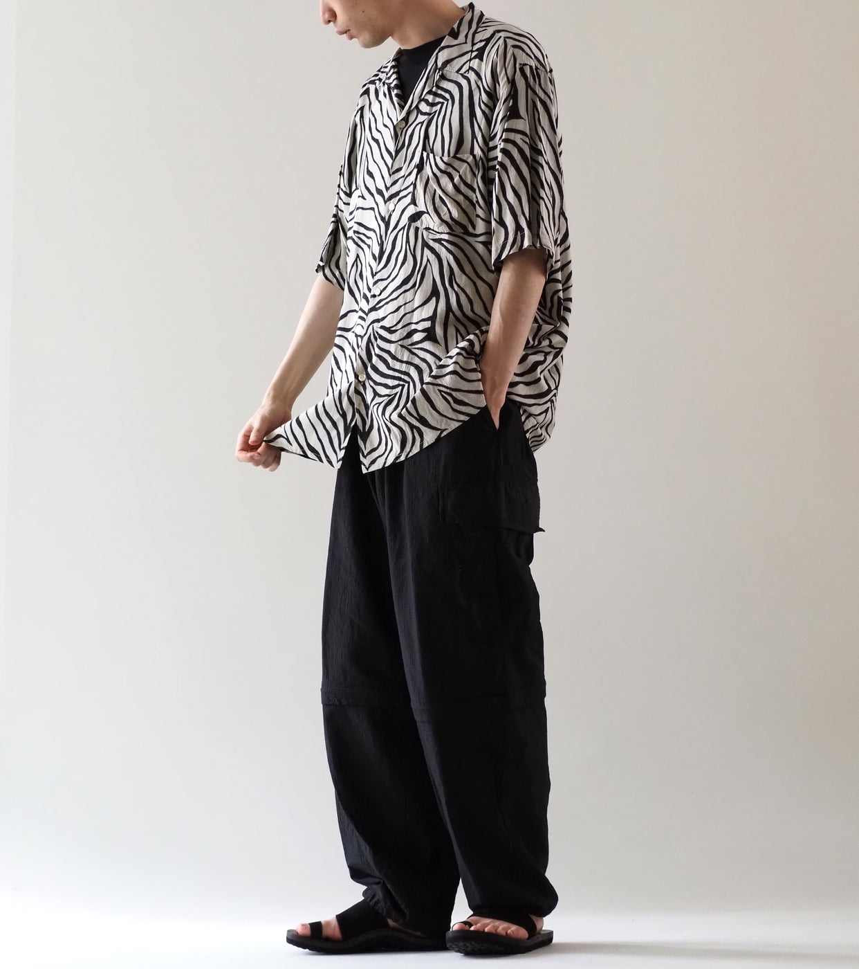 COMOLI ZEBRA Short Sleeve Open Collar Shirt, Zebra