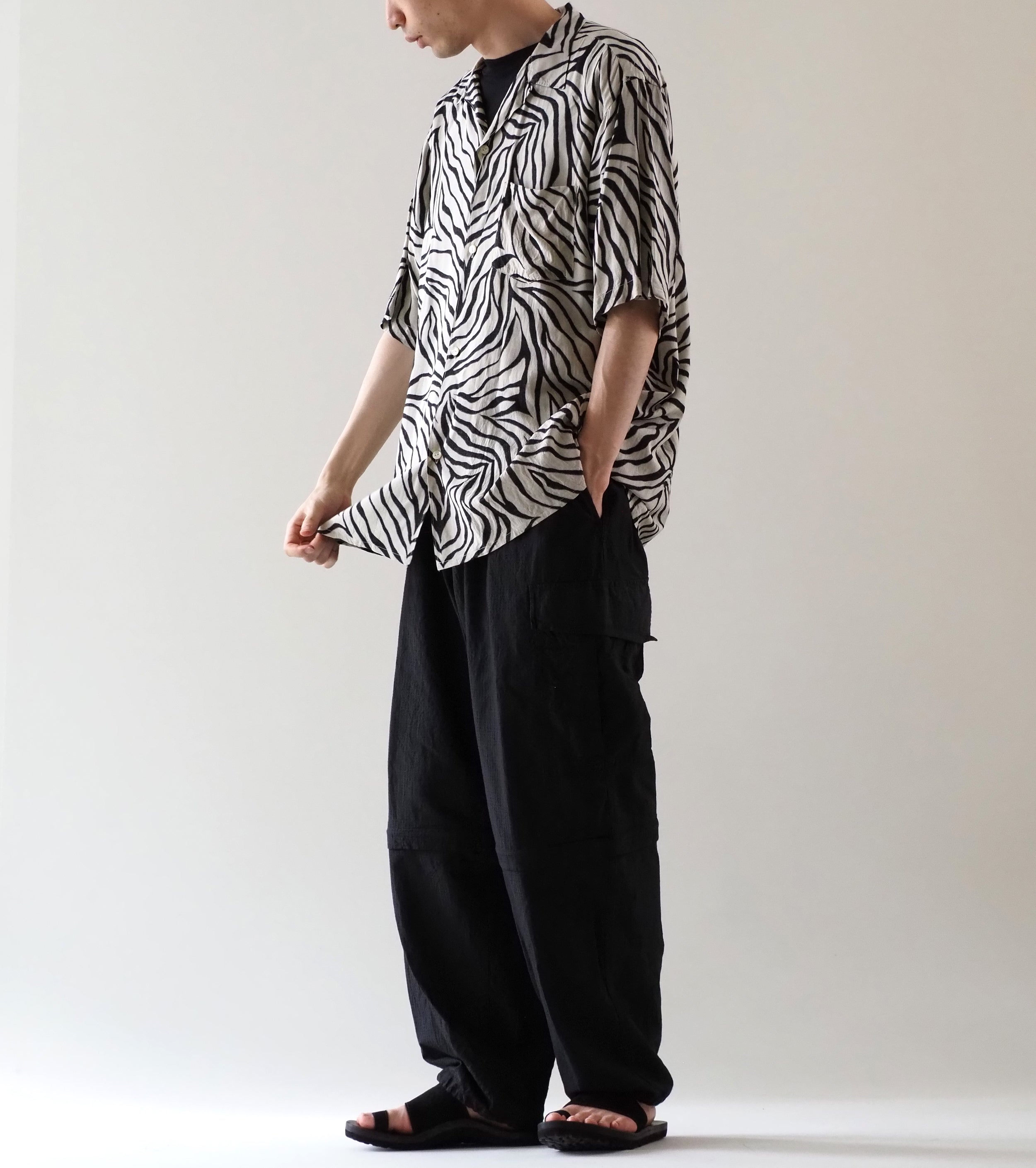 COMOLI ZEBRA Short Sleeve Open Collar Shirt, Zebra