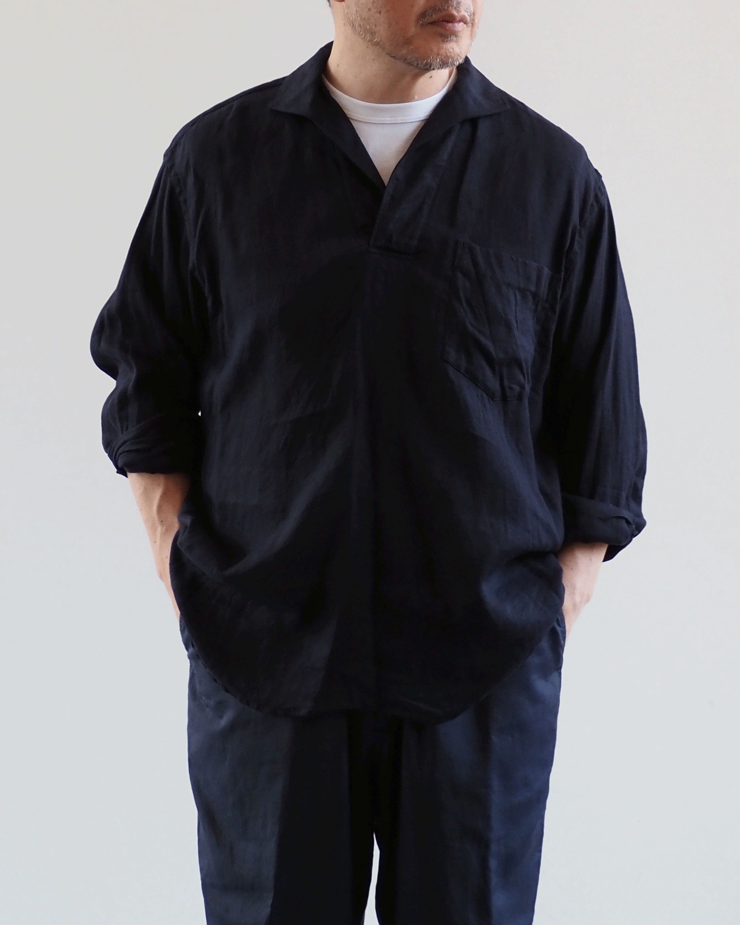 Linen-Twill-Skipper Shirt, Navy