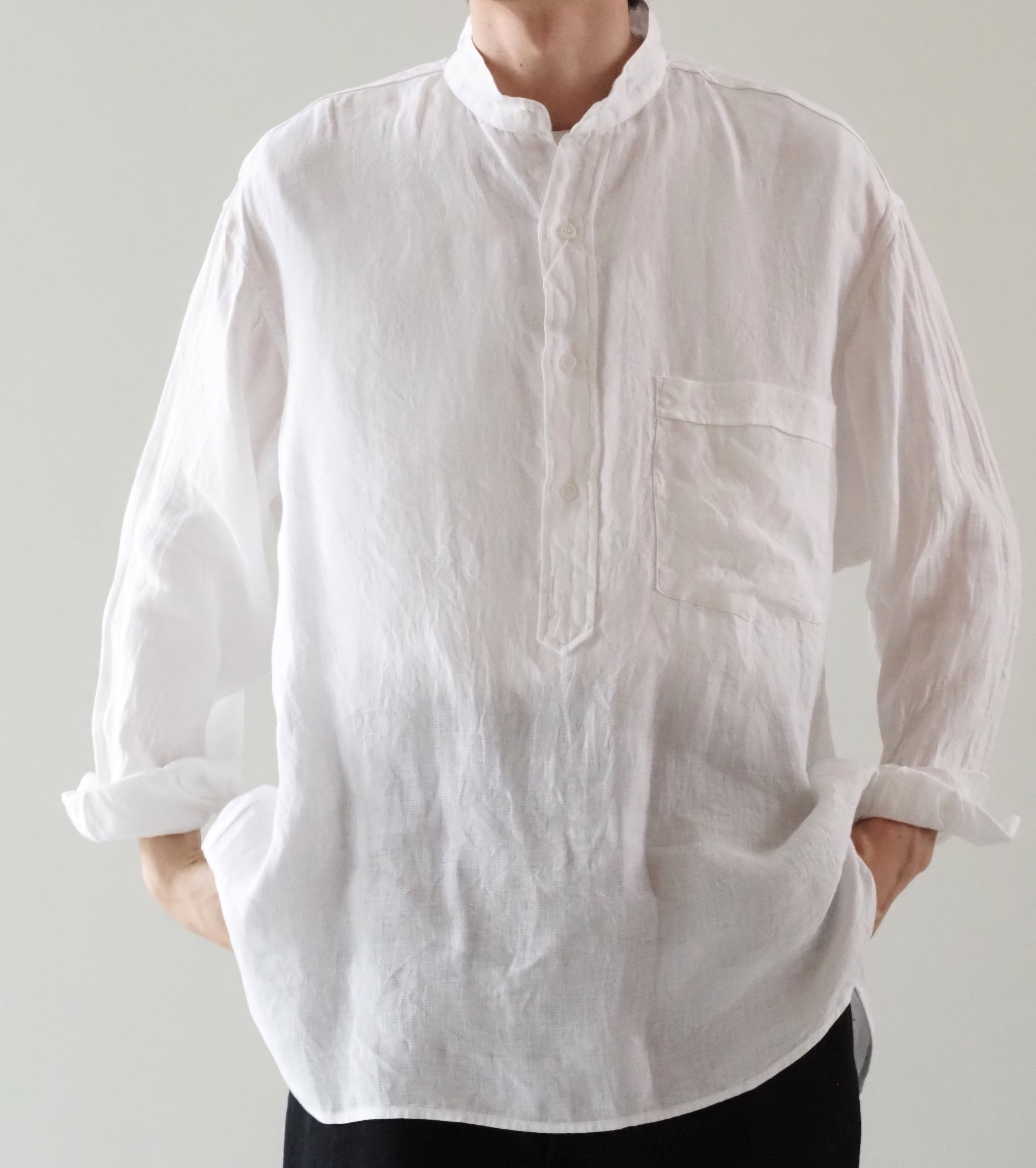 COMOLI Linen Double Cross Pullover Shirt, White