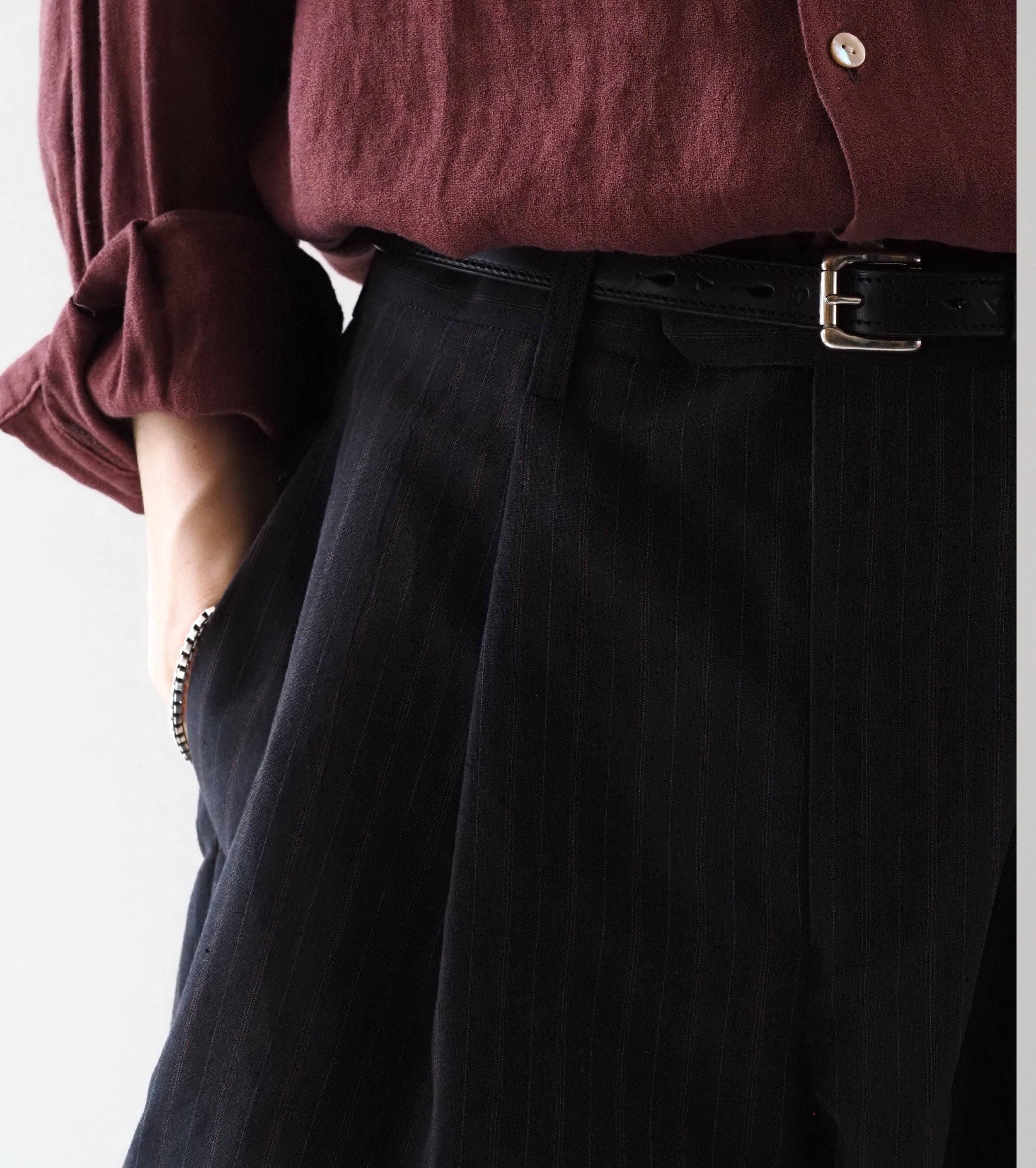 MAATEE＆SONS  ショート トラウザー 強撚R,LI,PE , Charcoal Stripe