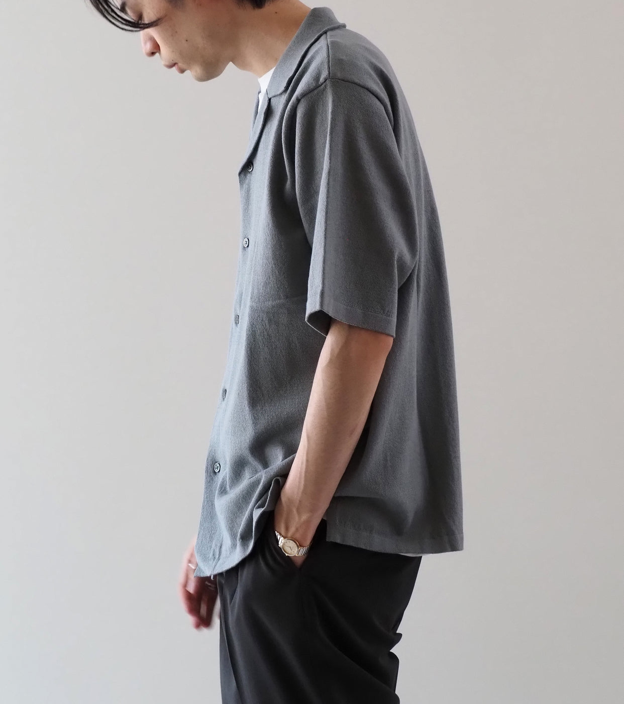 Yonetomi LIGHT WAVE COTTON KNIT SHIRT , Gray