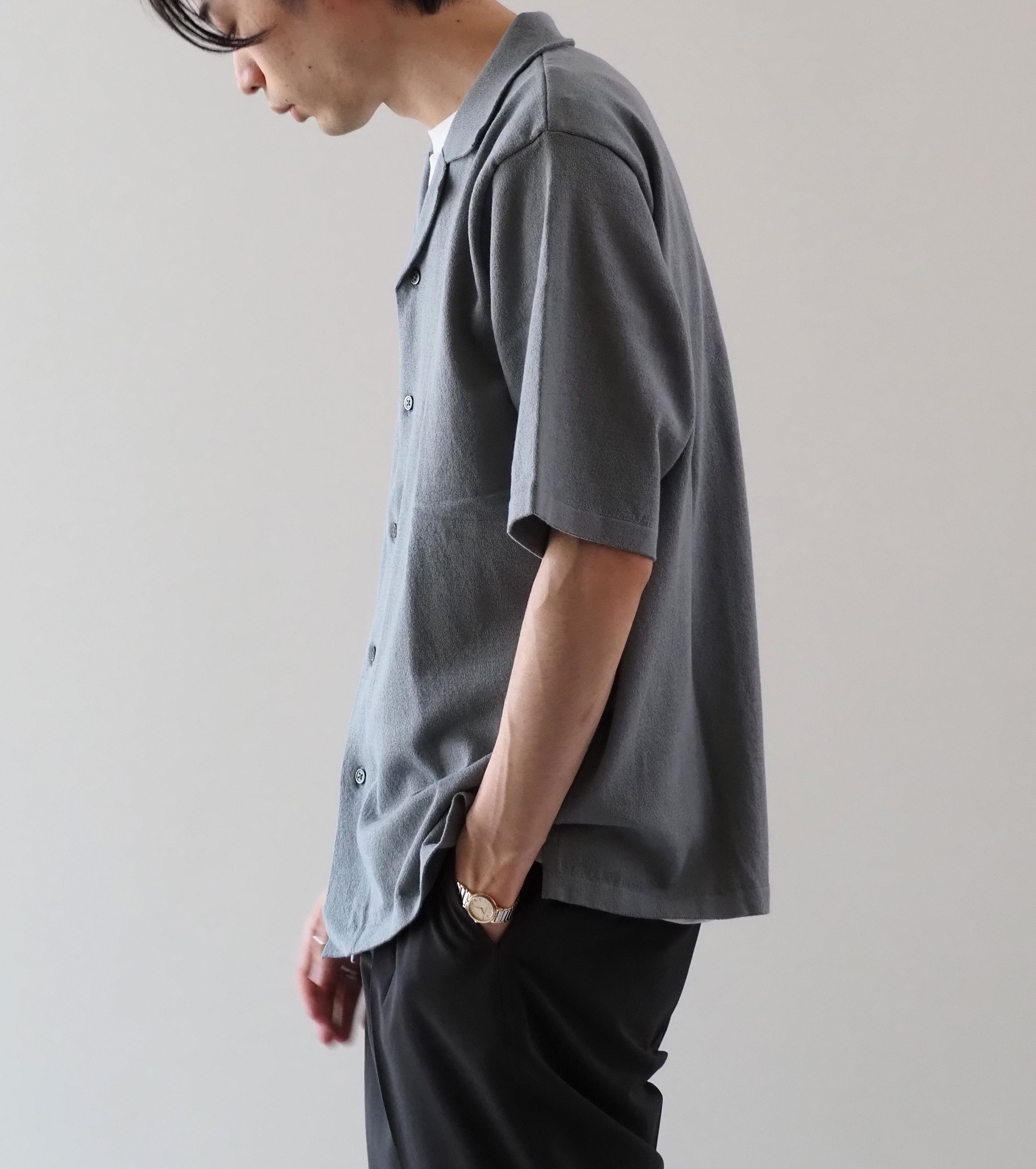 Yonetomi LIGHT WAVE COTTON KNIT SHIRT , Gray