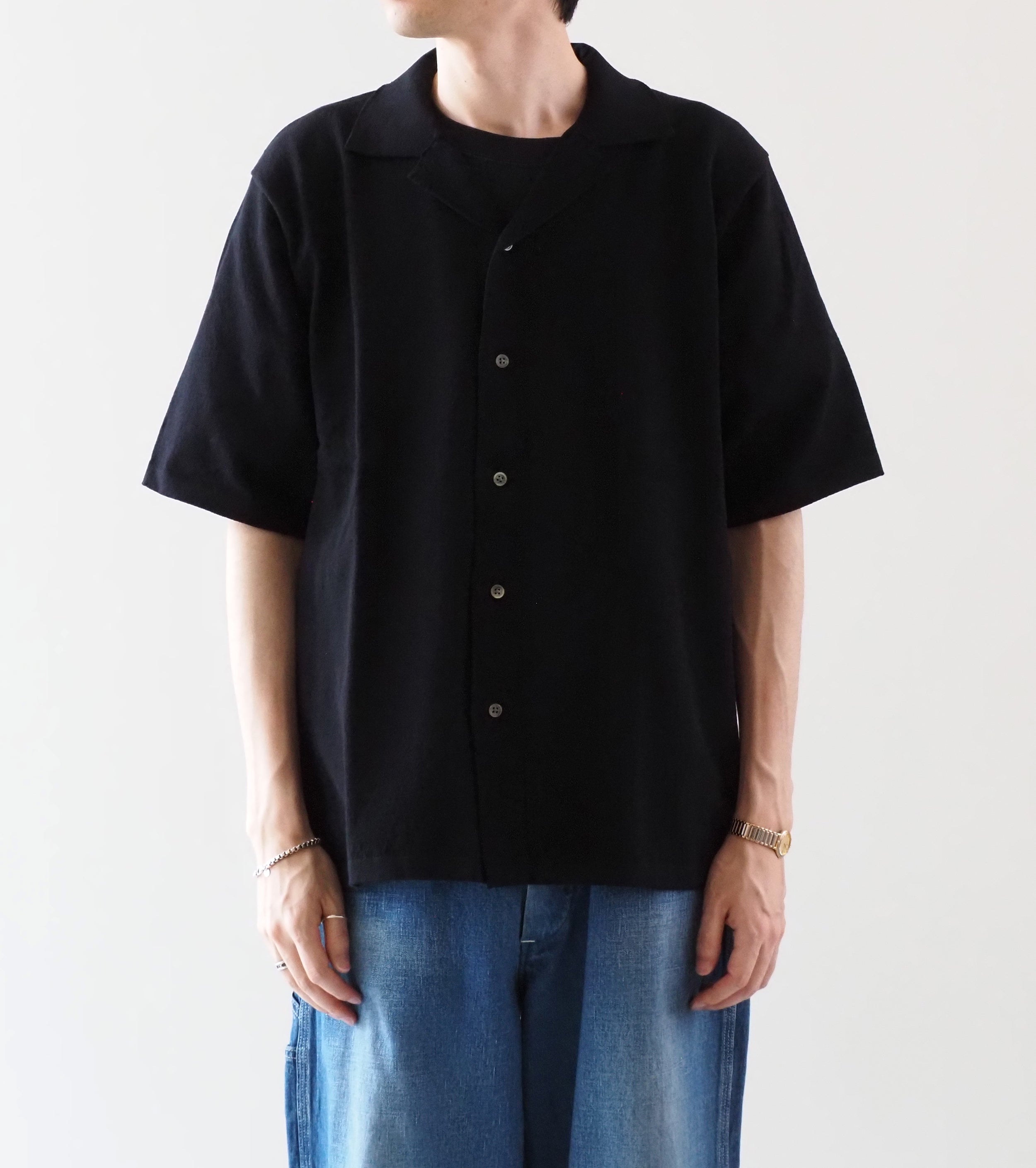 Yonetomi ライト ウェーブ コットン ニット シャツ , Black