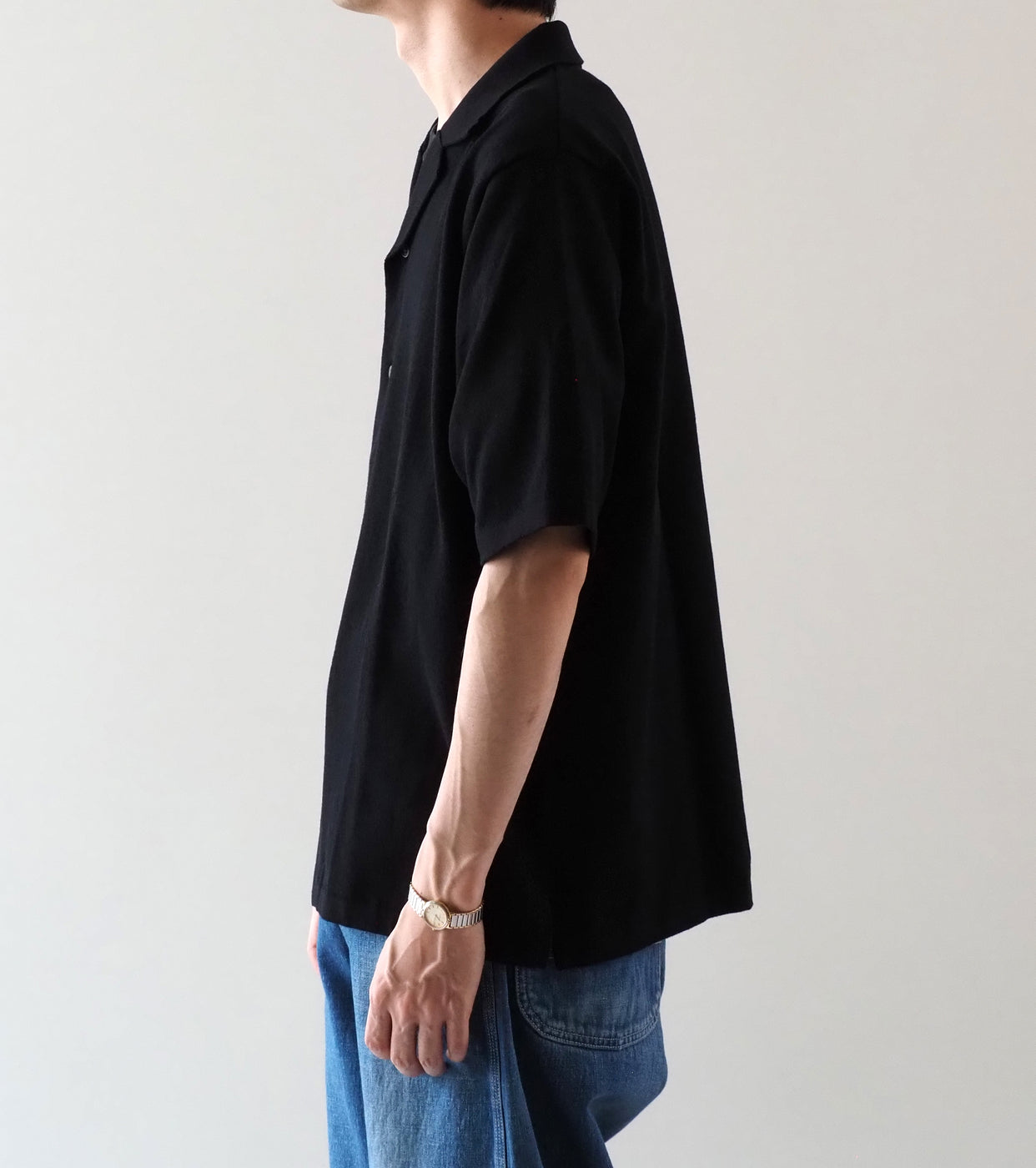 Yonetomi ライト ウェーブ コットン ニット シャツ , Black
