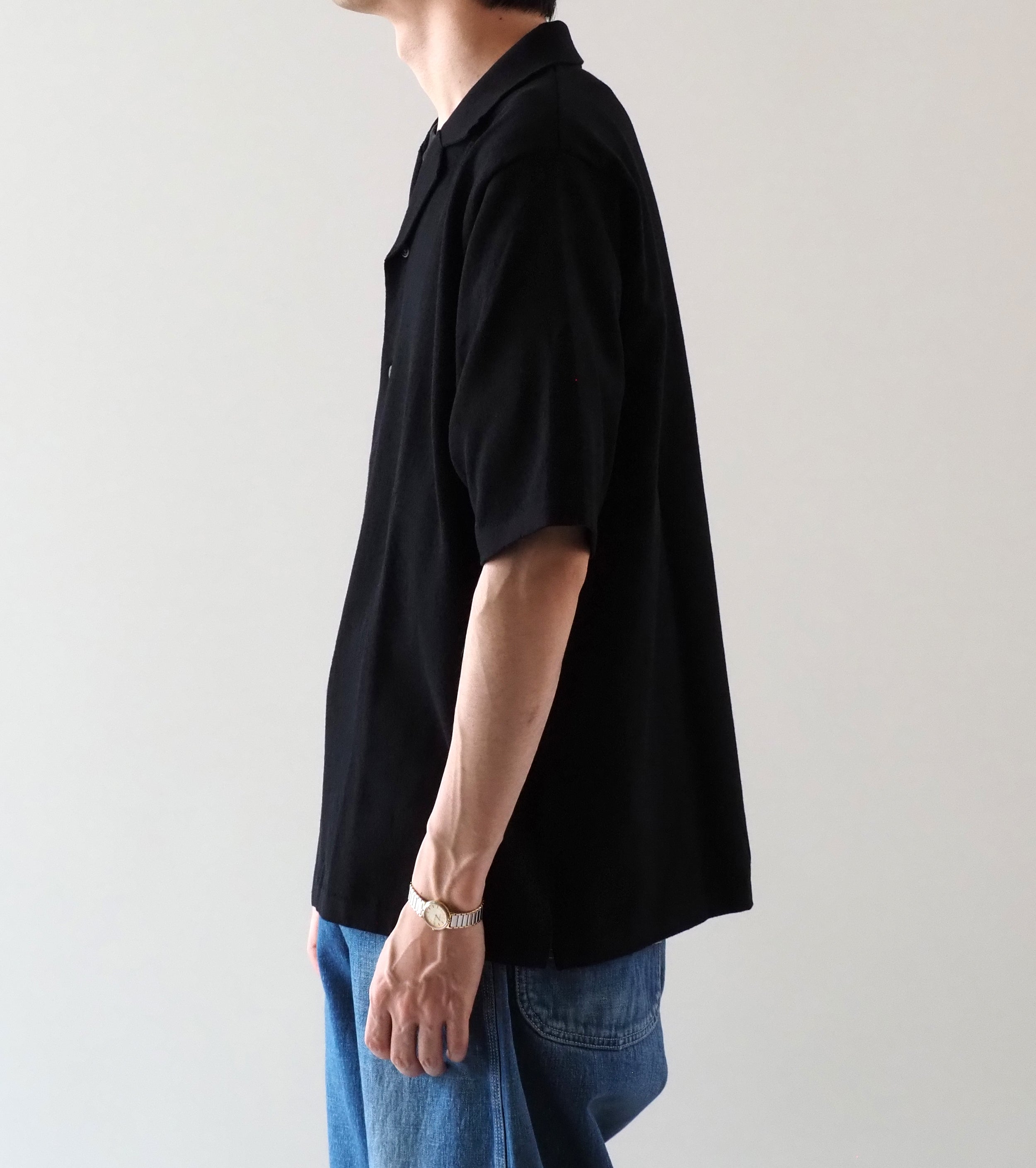 Yonetomi ライト ウェーブ コットン ニット シャツ , Black