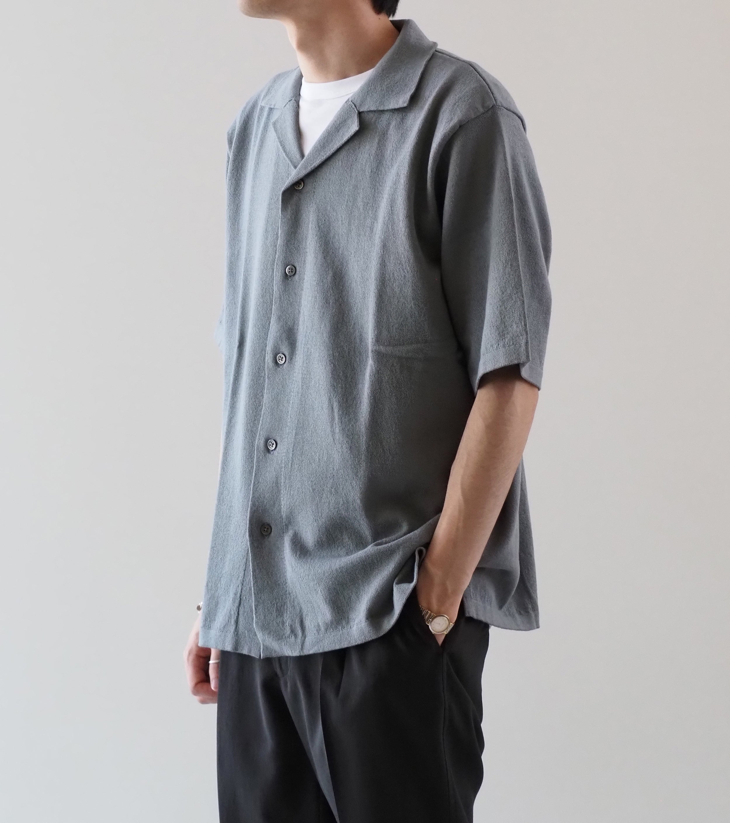 Yonetomi LIGHT WAVE COTTON KNIT SHIRT , Gray