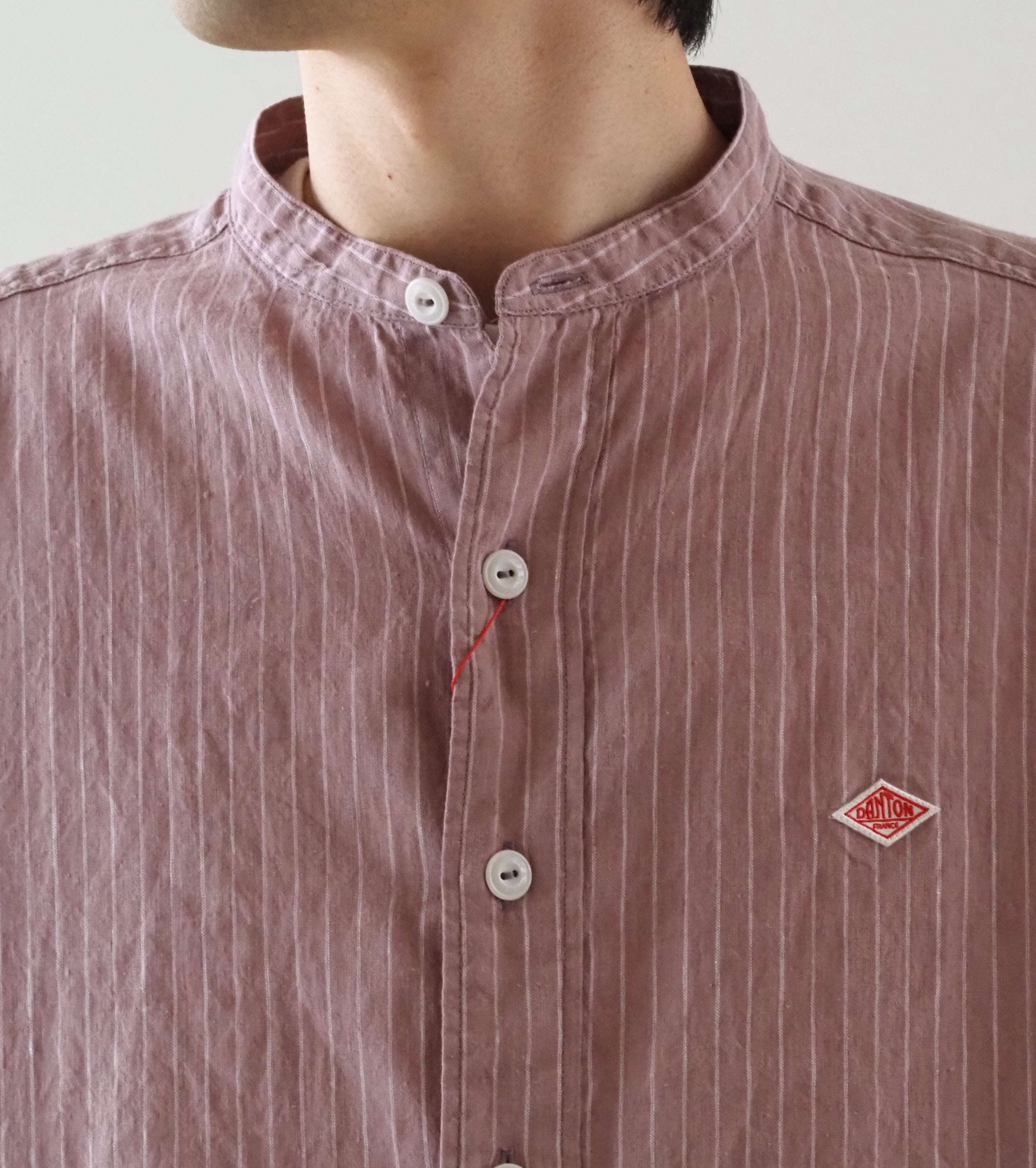 DANTON リネンコットン ストライプ バンドカラー シャツ , Pale Pink Stripe