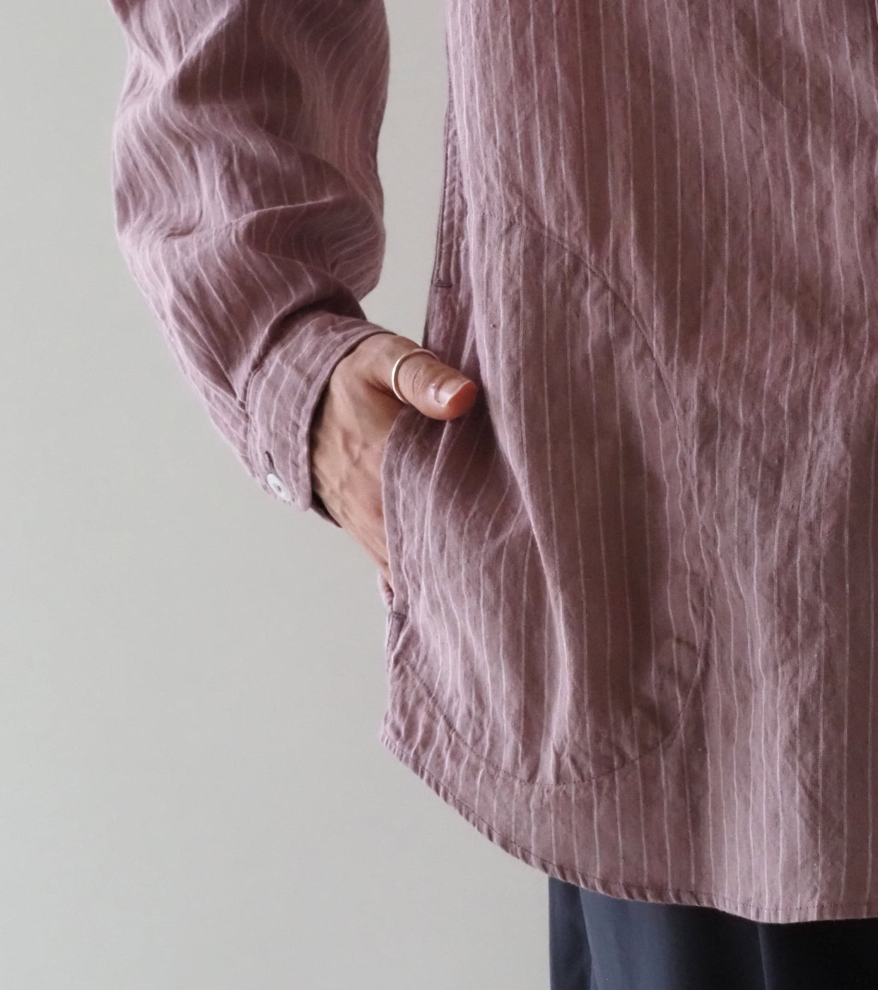 DANTON リネンコットン ストライプ バンドカラー シャツ , Pale Pink Stripe