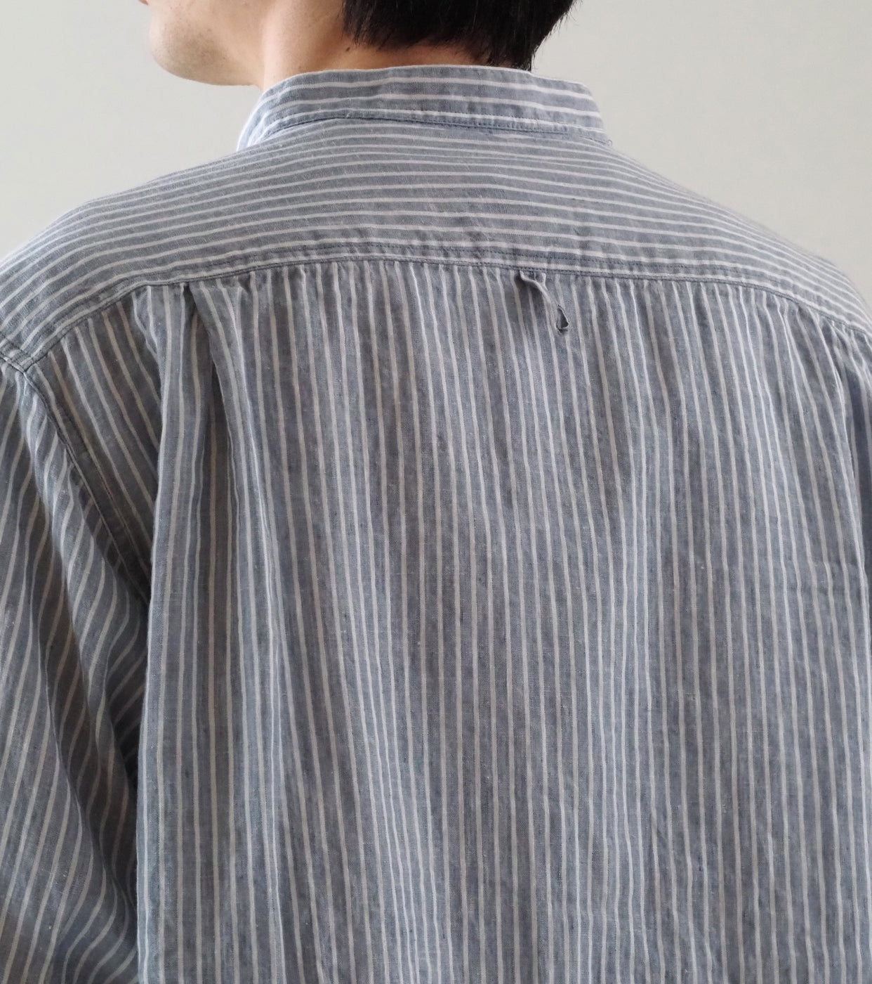DANTON Linen Cotton Stripe Band Collar Shirt , Blue Grey Stripe