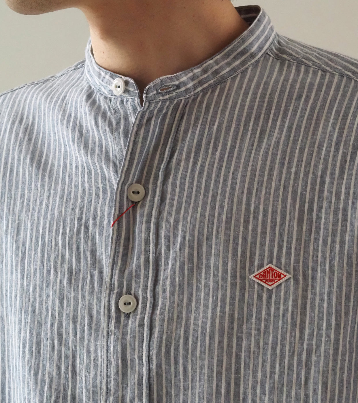 DANTON Linen Cotton Stripe Band Collar Shirt , Blue Grey Stripe