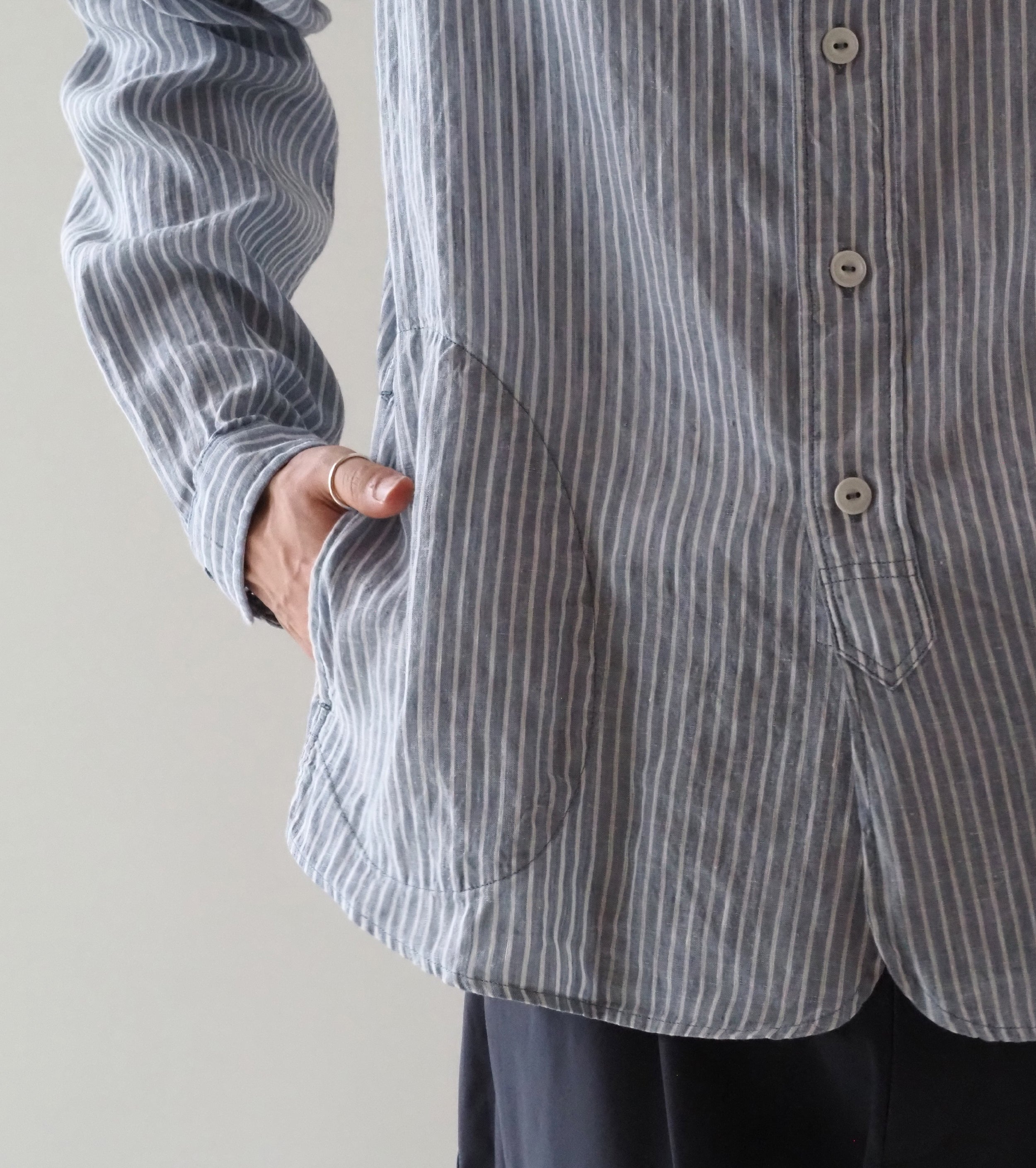 DANTON Linen Cotton Stripe Band Collar Shirt , Blue Grey Stripe