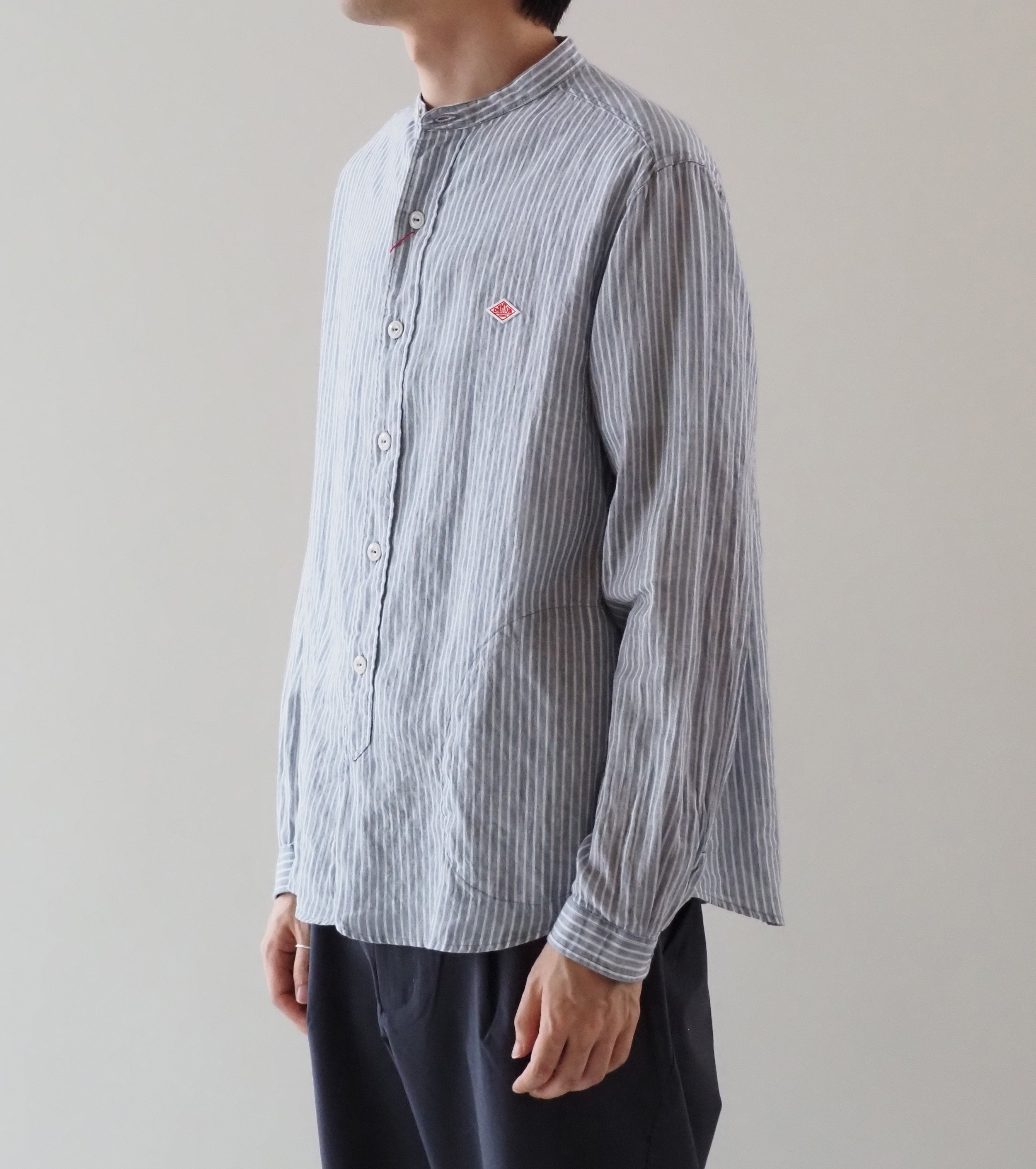 DANTON Linen Cotton Stripe Band Collar Shirt , Blue Grey Stripe