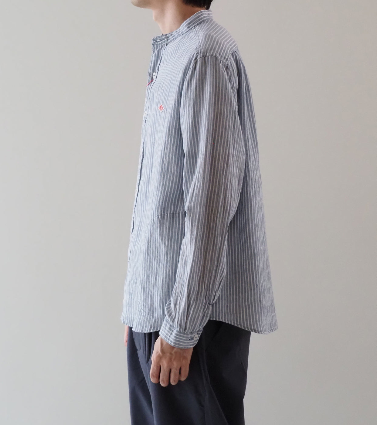 DANTON Linen Cotton Stripe Band Collar Shirt , Blue Grey Stripe