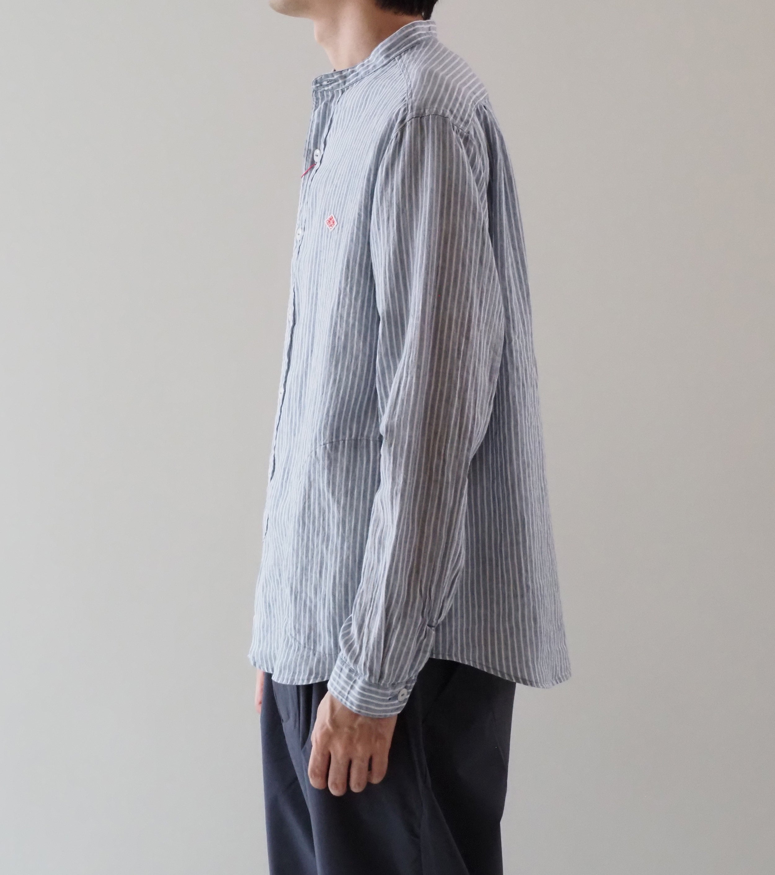 DANTON Linen Cotton Stripe Band Collar Shirt , Blue Grey Stripe
