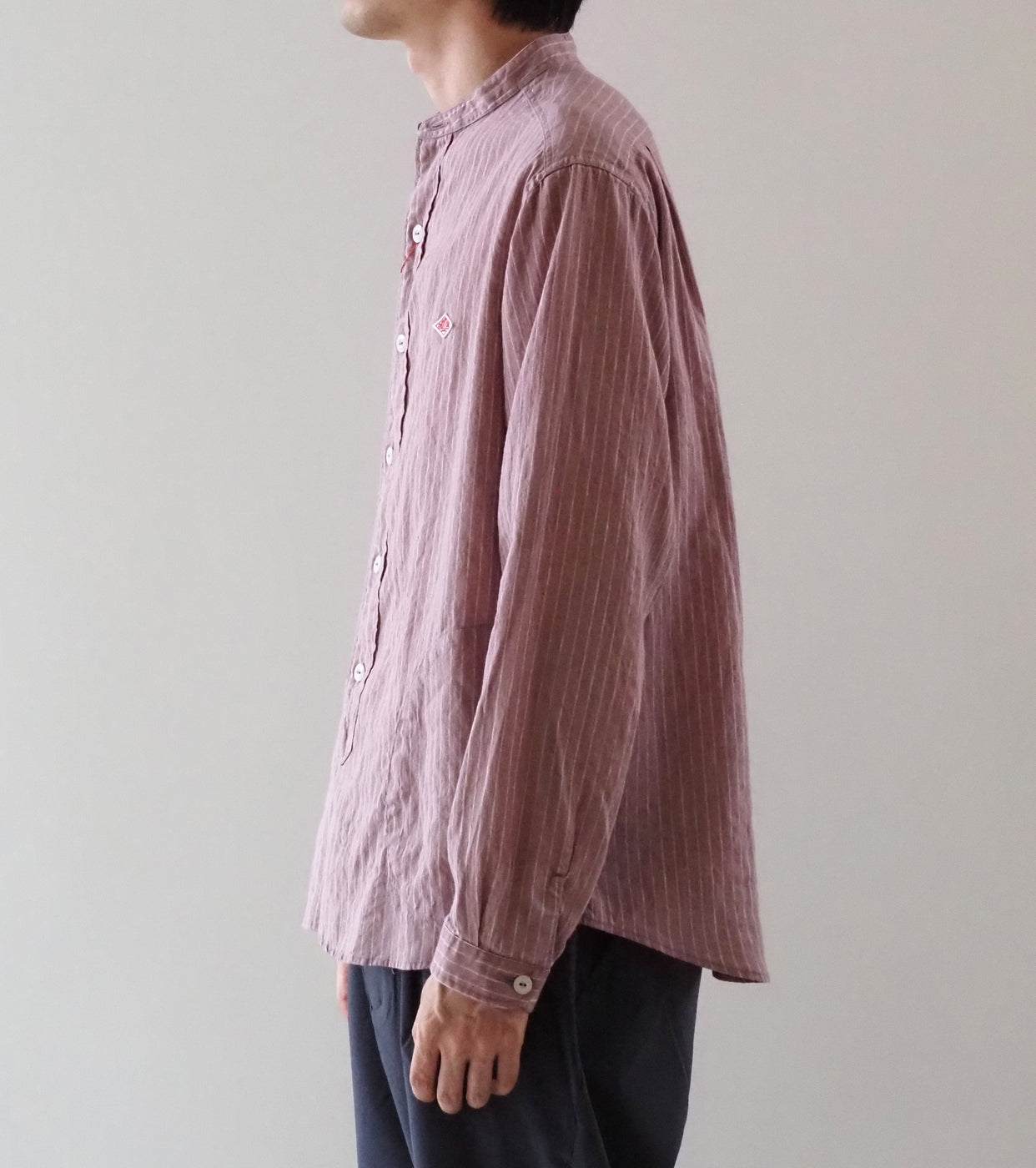 DANTON リネンコットン ストライプ バンドカラー シャツ , Pale Pink Stripe