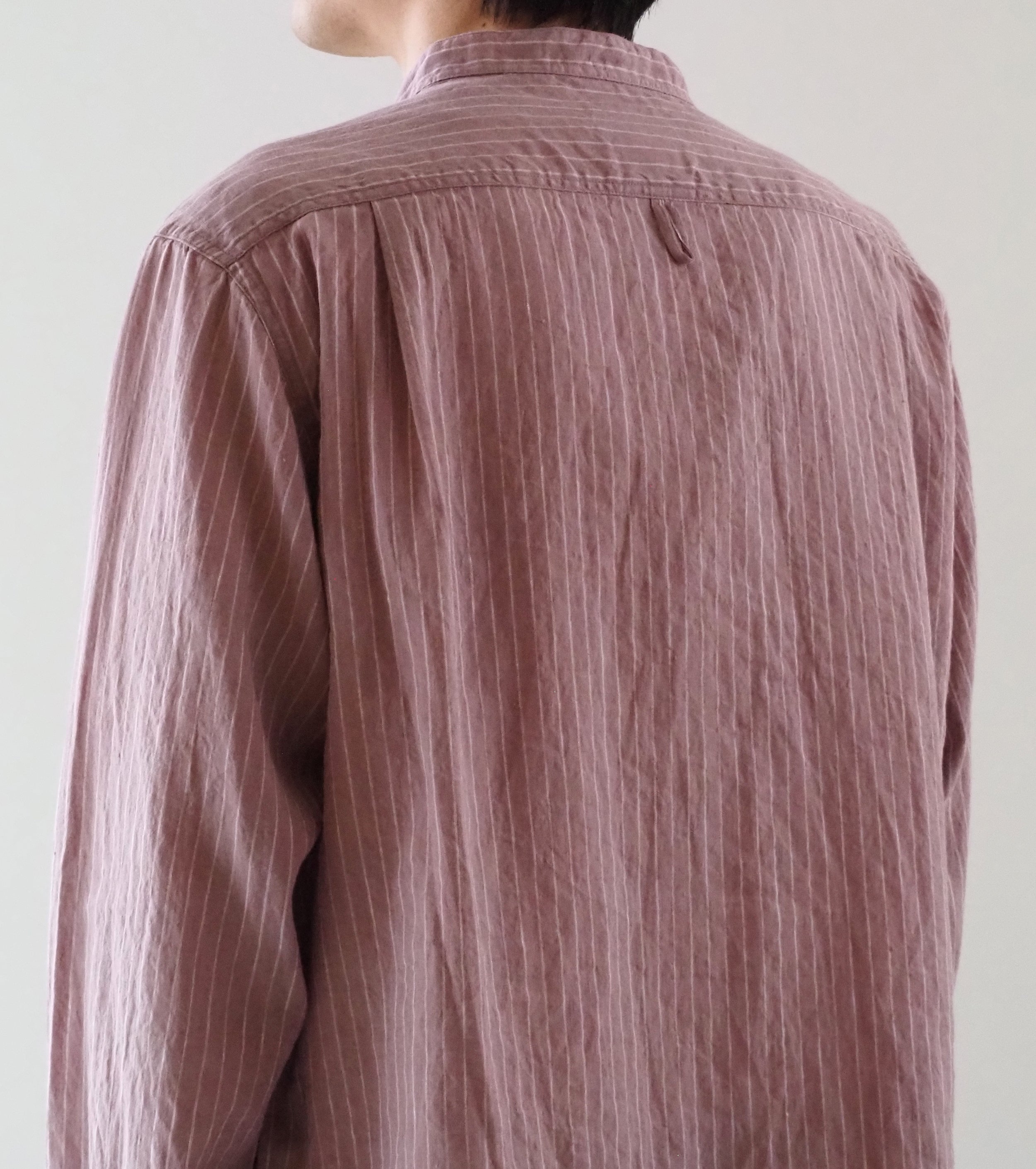 DANTON リネンコットン ストライプ バンドカラー シャツ , Pale Pink Stripe