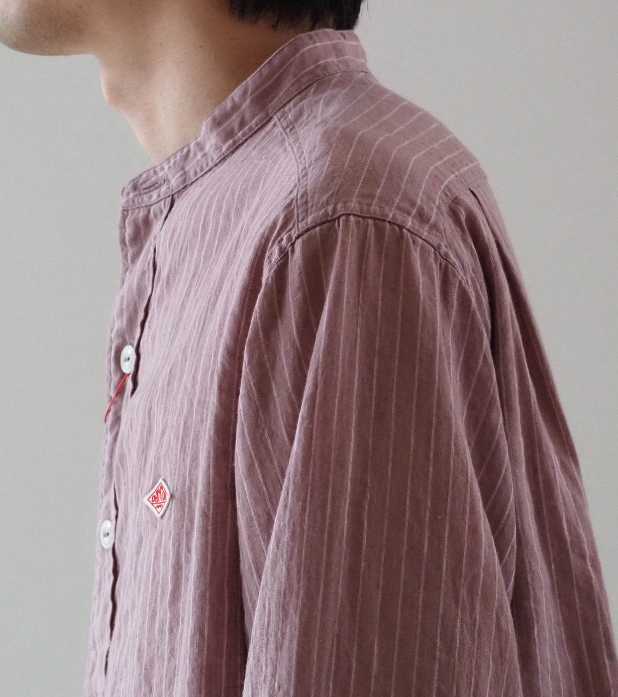 DANTON リネンコットン ストライプ バンドカラー シャツ , Pale Pink Stripe