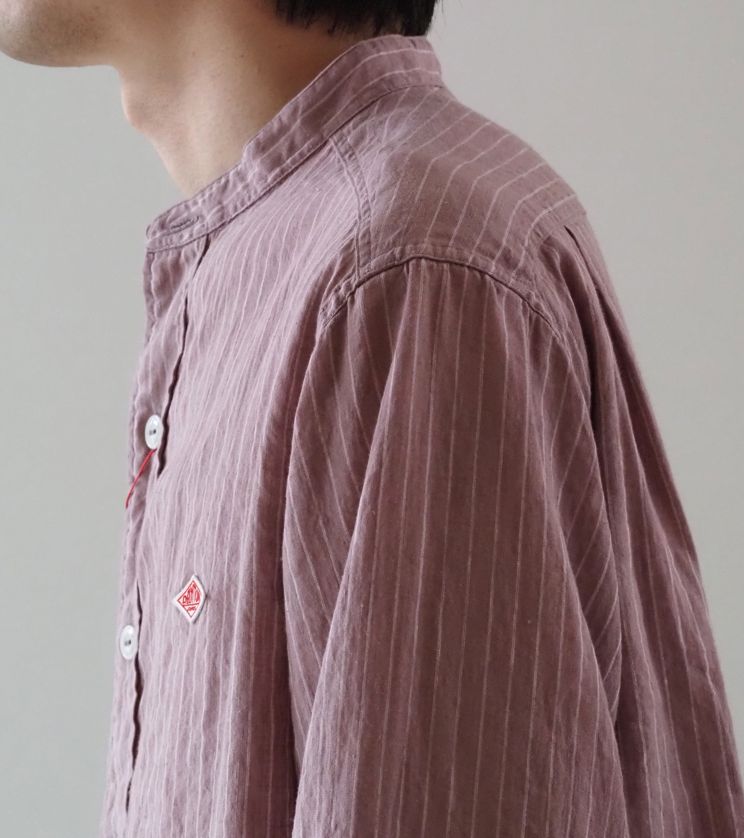 DANTON リネンコットン ストライプ バンドカラー シャツ , Pale Pink Stripe