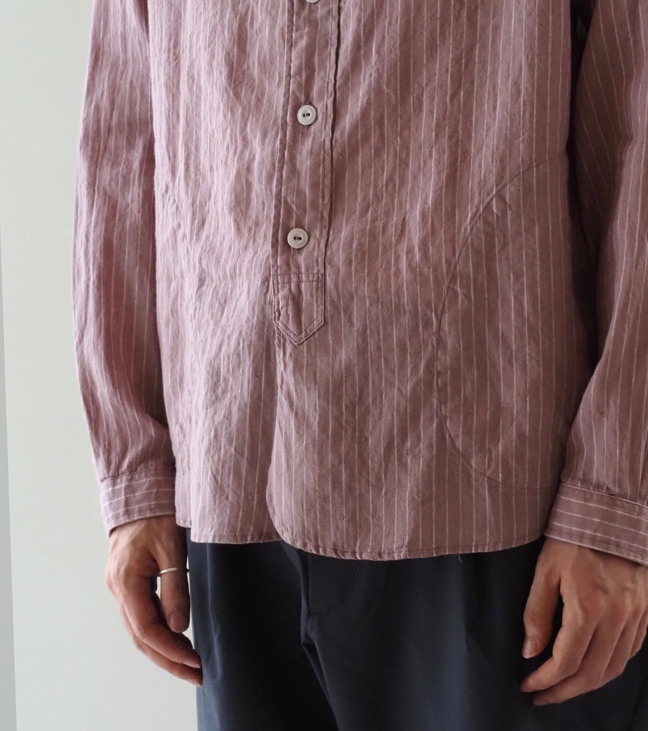 DANTON リネンコットン ストライプ バンドカラー シャツ , Pale Pink Stripe