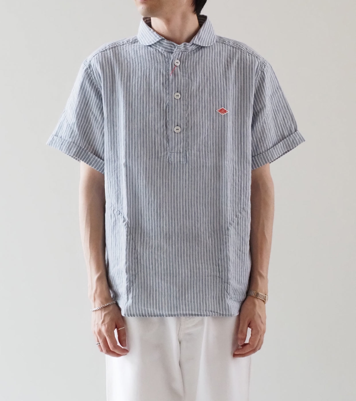 DANTON Linen Round Collar Short Sleeve Pullover Shirt  , Blue Grey Stripe