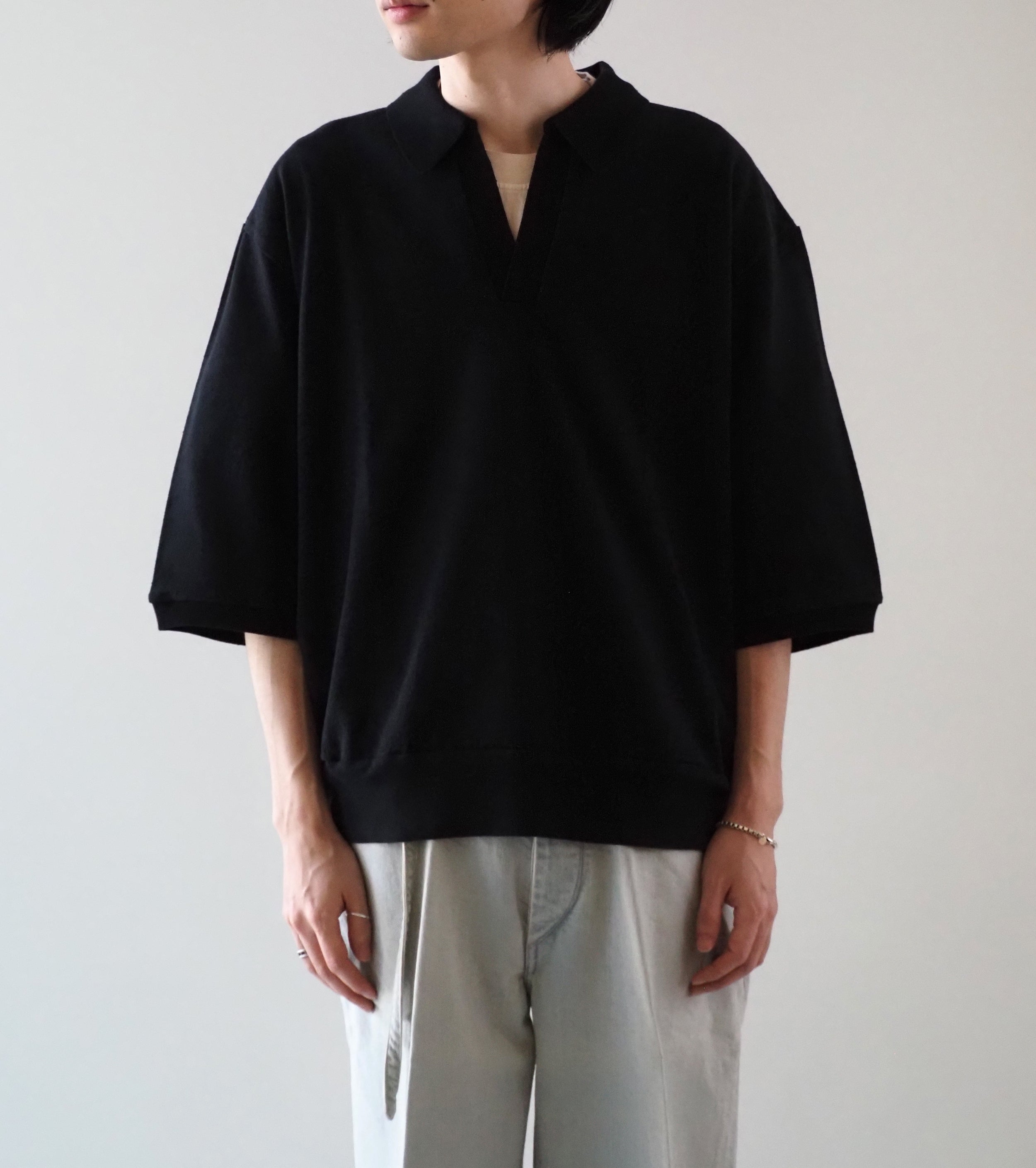 blurhms シルクネップ スキッパー クロップド スリーブ , Black