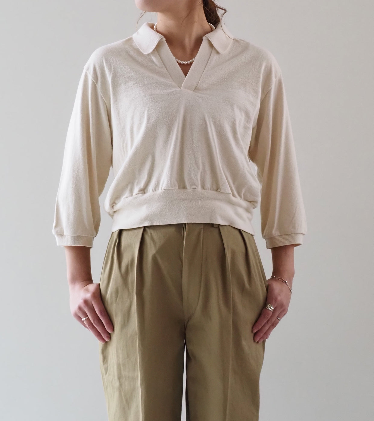blurhms Women's シルクネップ スキッパー クロップド スリーブ , Ivory
