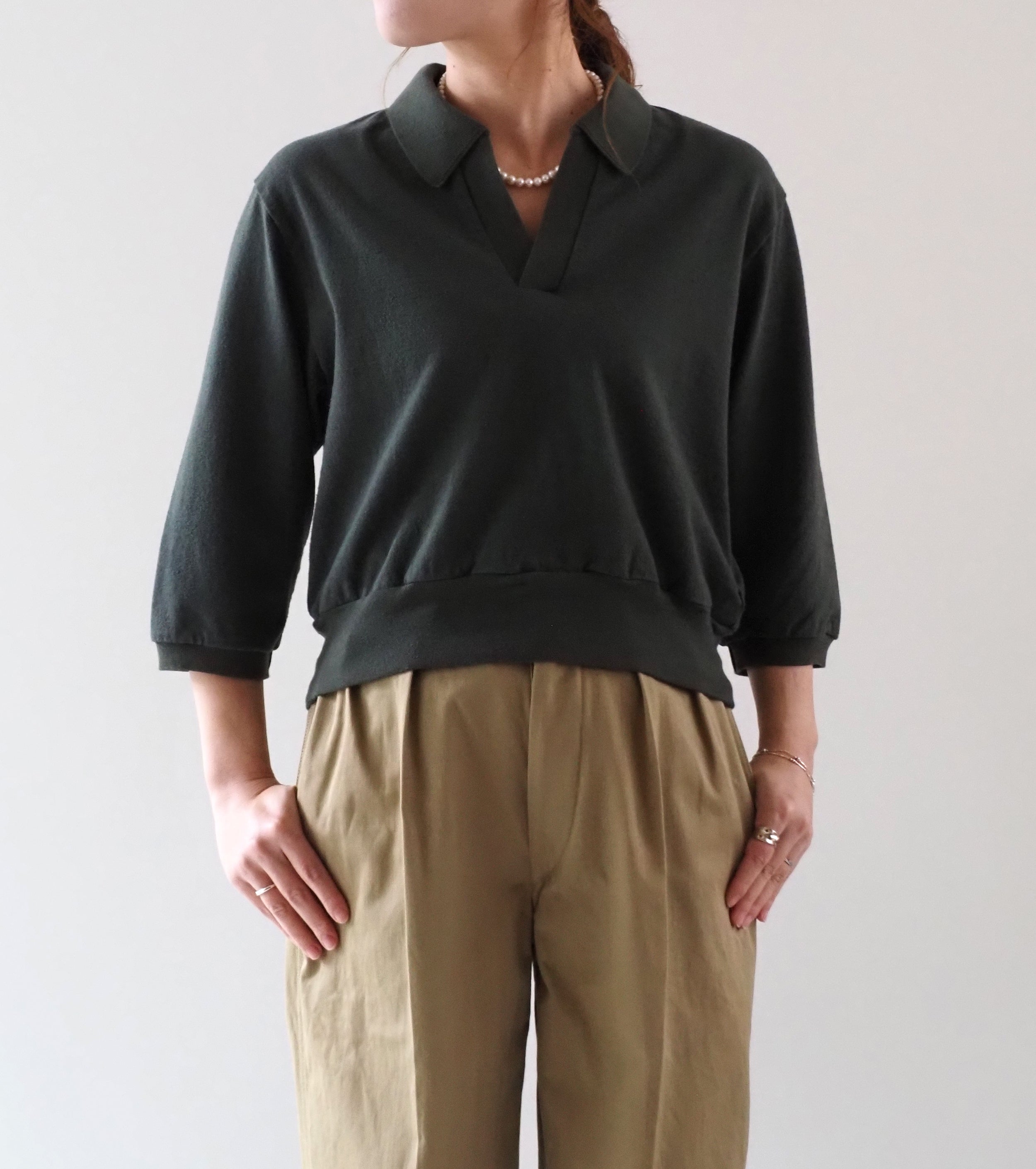 blurhms Women's シルクネップ スキッパー クロップド スリーブ , Khaki