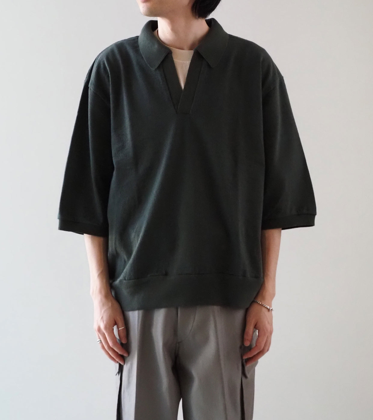 blurhms シルクネップ スキッパー クロップド スリーブ , Khaki