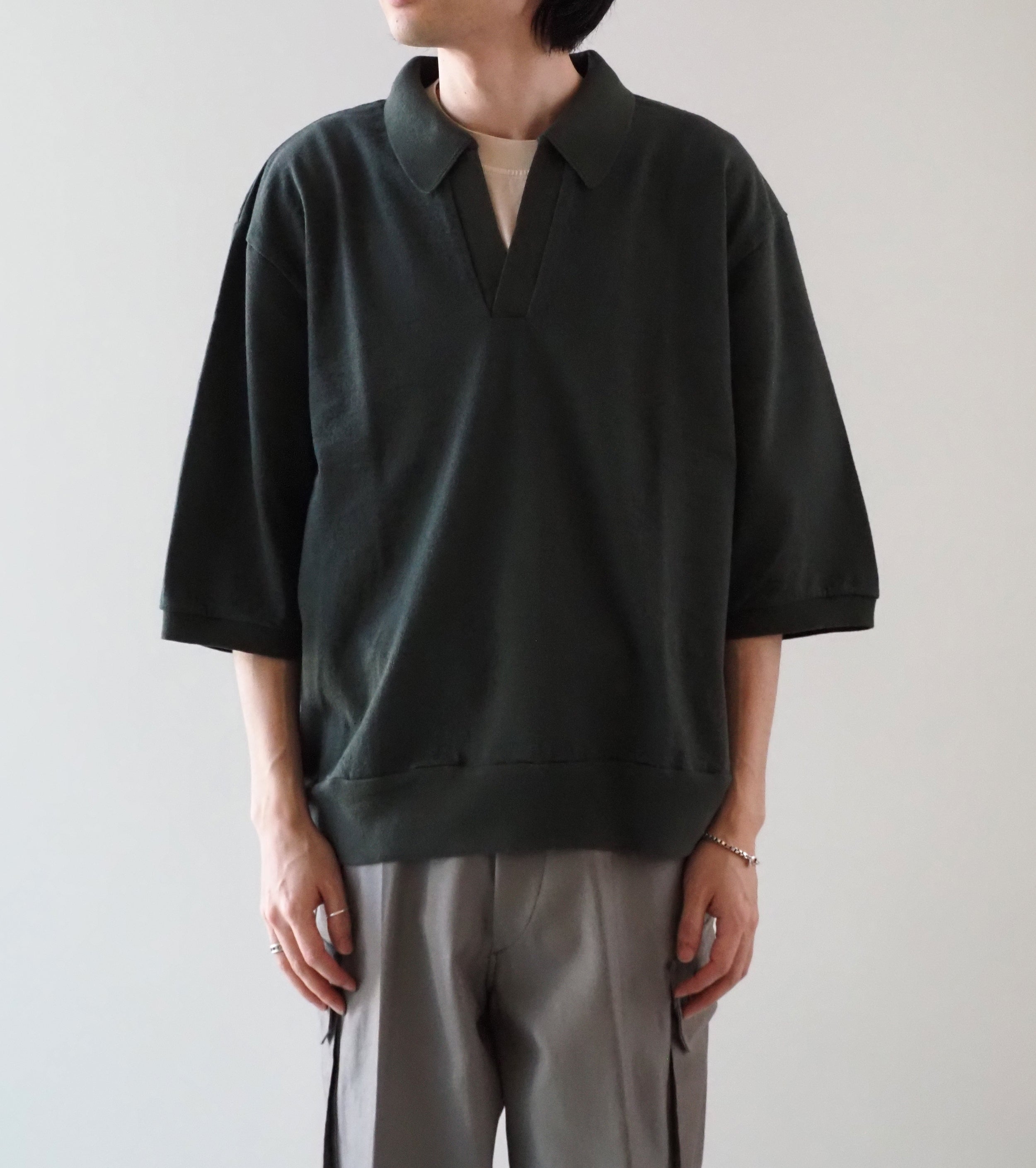 blurhms シルクネップ スキッパー クロップド スリーブ , Khaki