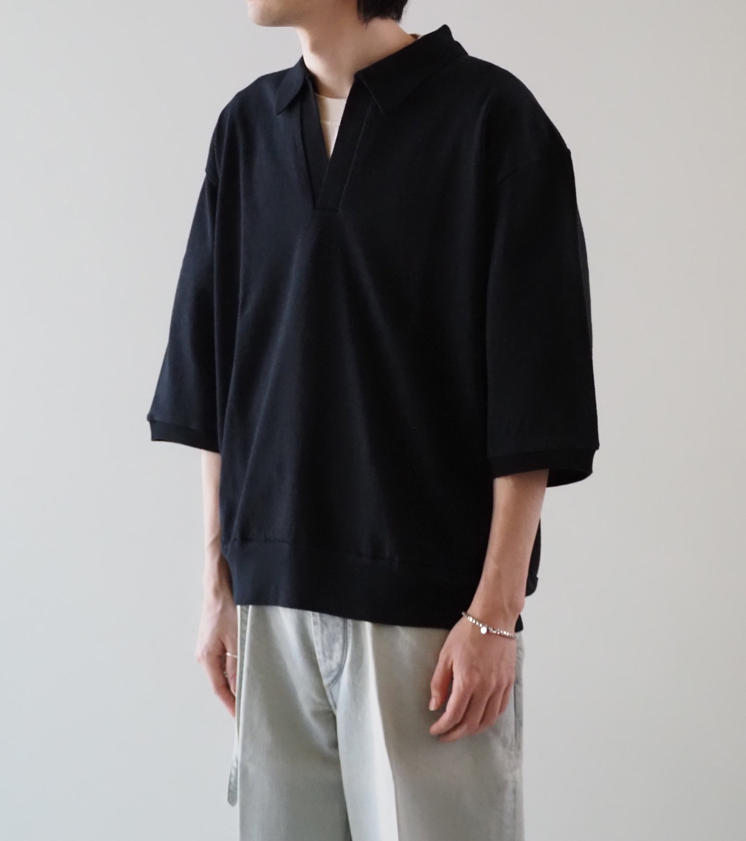 blurhms シルクネップ スキッパー クロップド スリーブ , Black